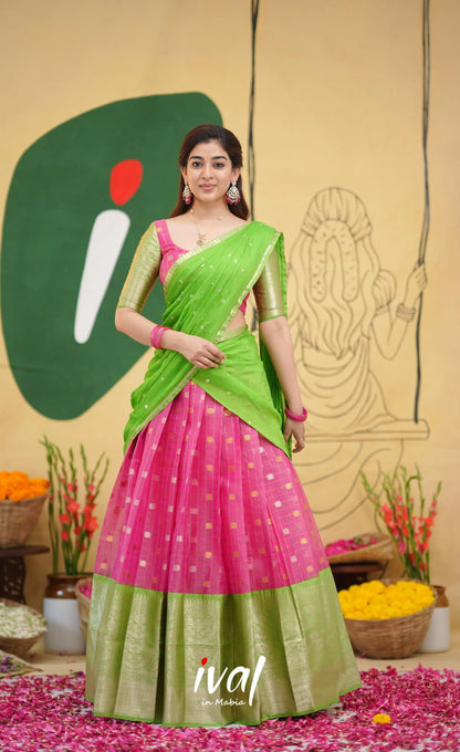 Izhaiyini - Pink and Light Green Organza Halfsaree - Half Sarees