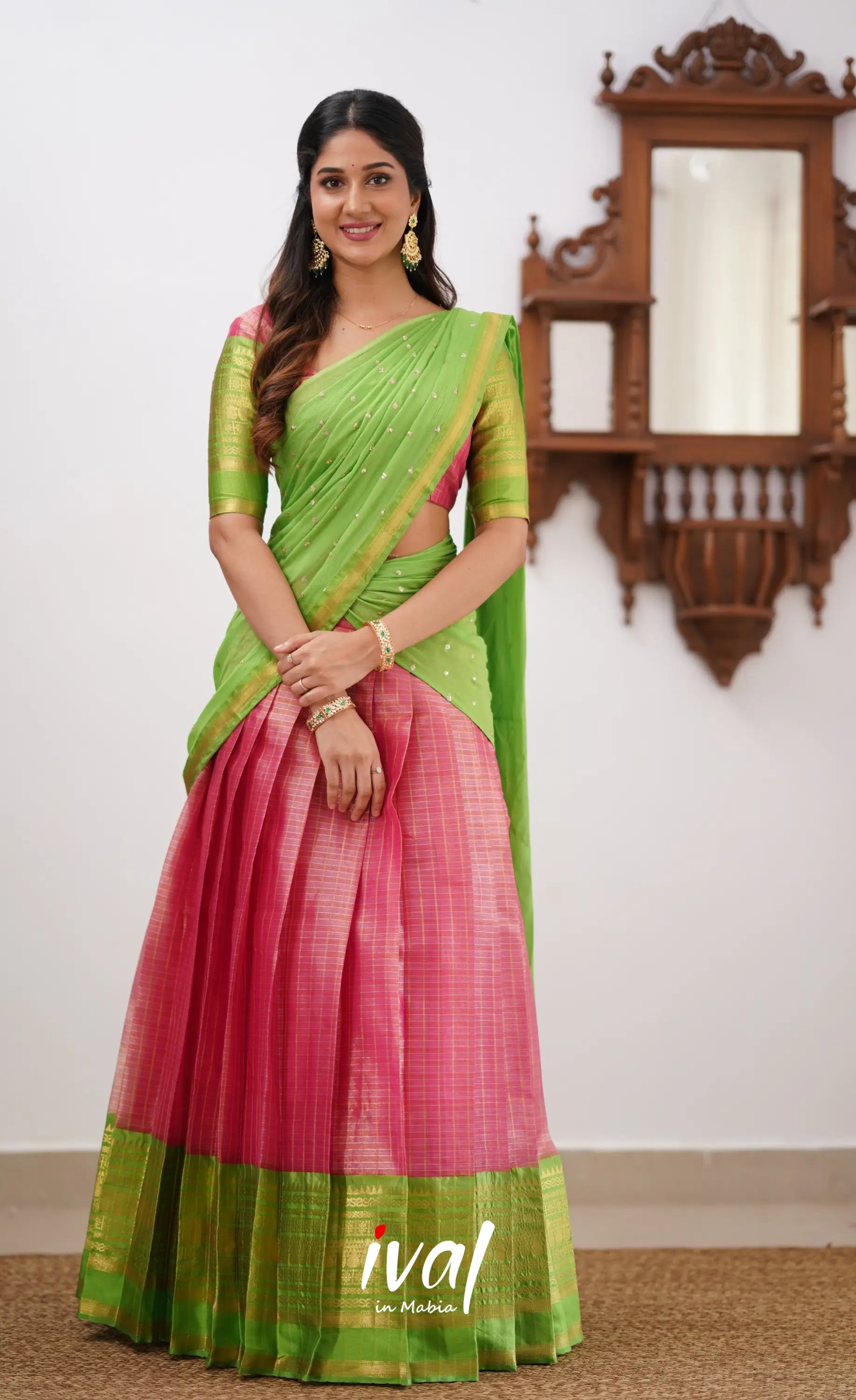 Izhaiyini- Pink And Light Green Organza Halfsaree Half Sarees