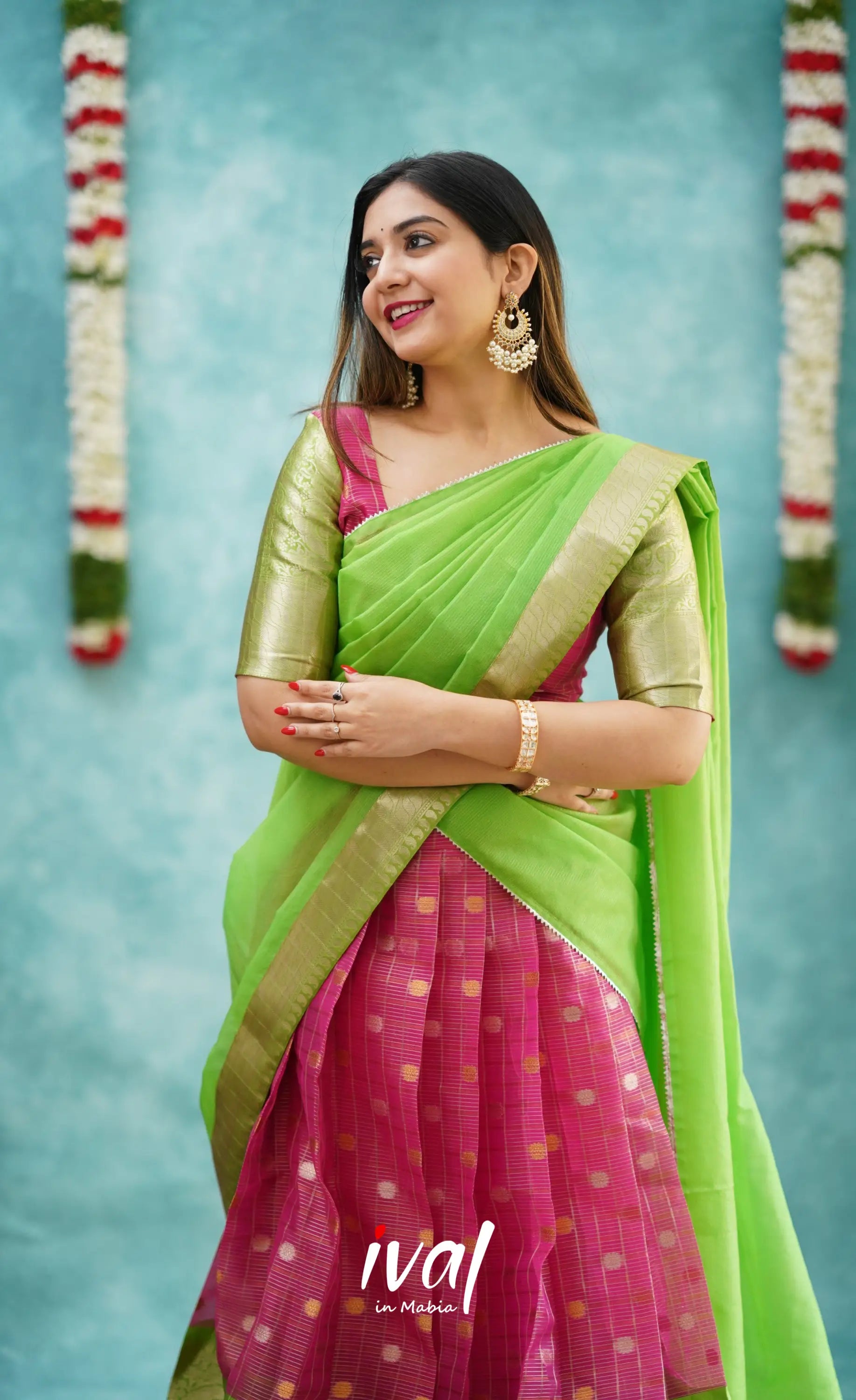 Izhaiyini - Pink And Light Green Organza Halfsaree Half Sarees