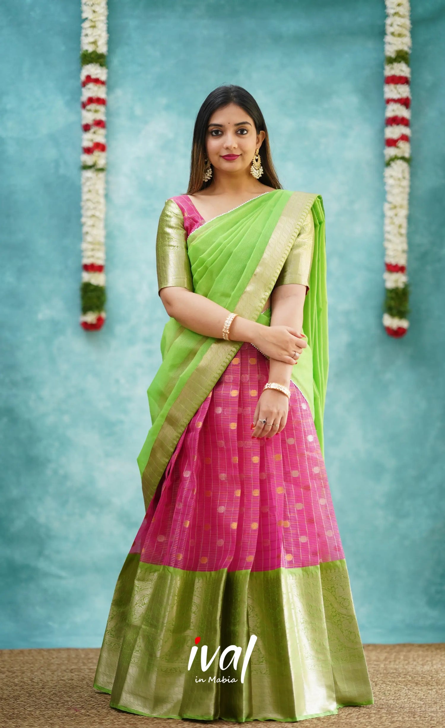 Izhaiyini - Pink And Light Green Organza Halfsaree Half Sarees