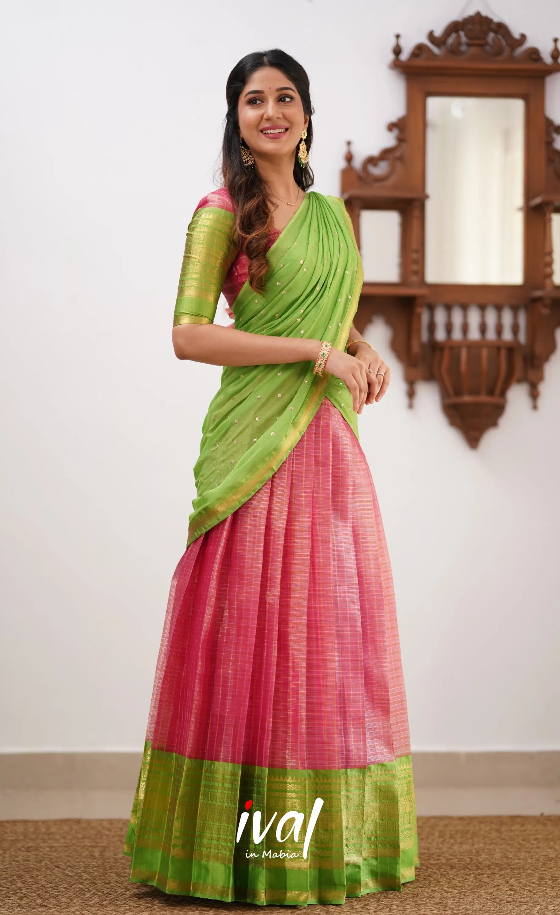 Izhaiyini- Pink And Light Green Organza Halfsaree Half Sarees