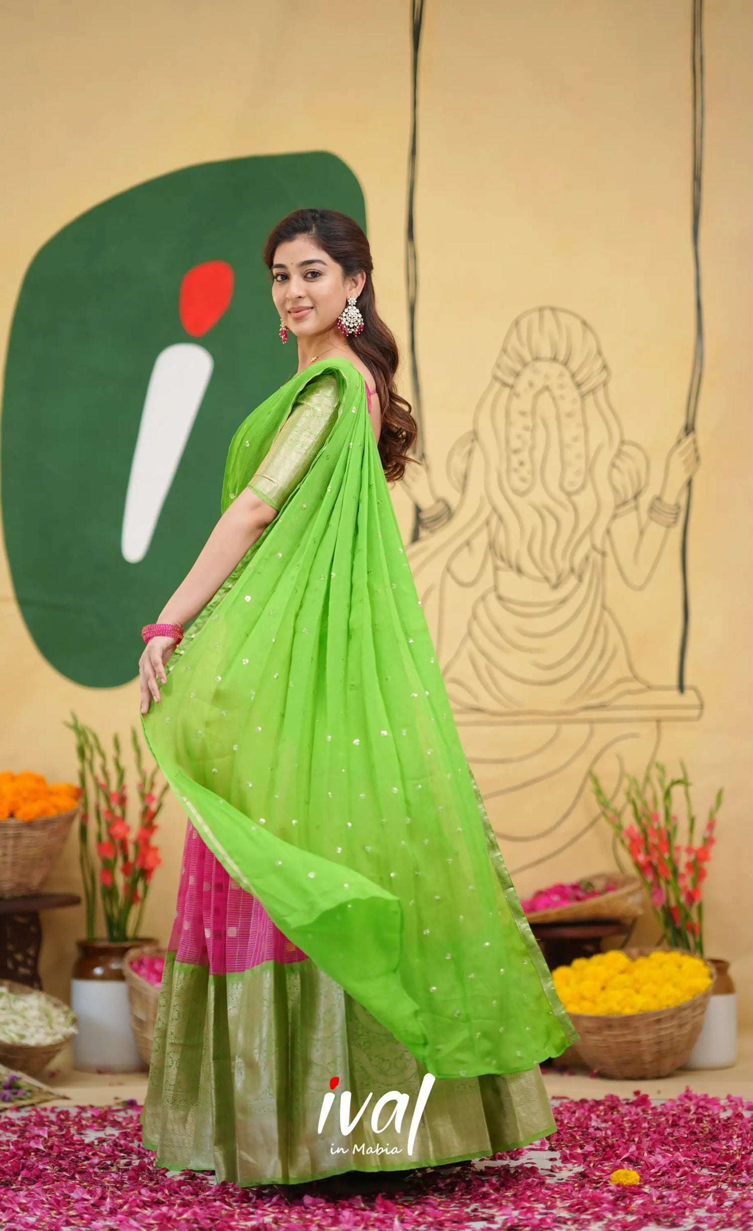 Izhaiyini - Pink and Light Green Organza Halfsaree - Half Sarees