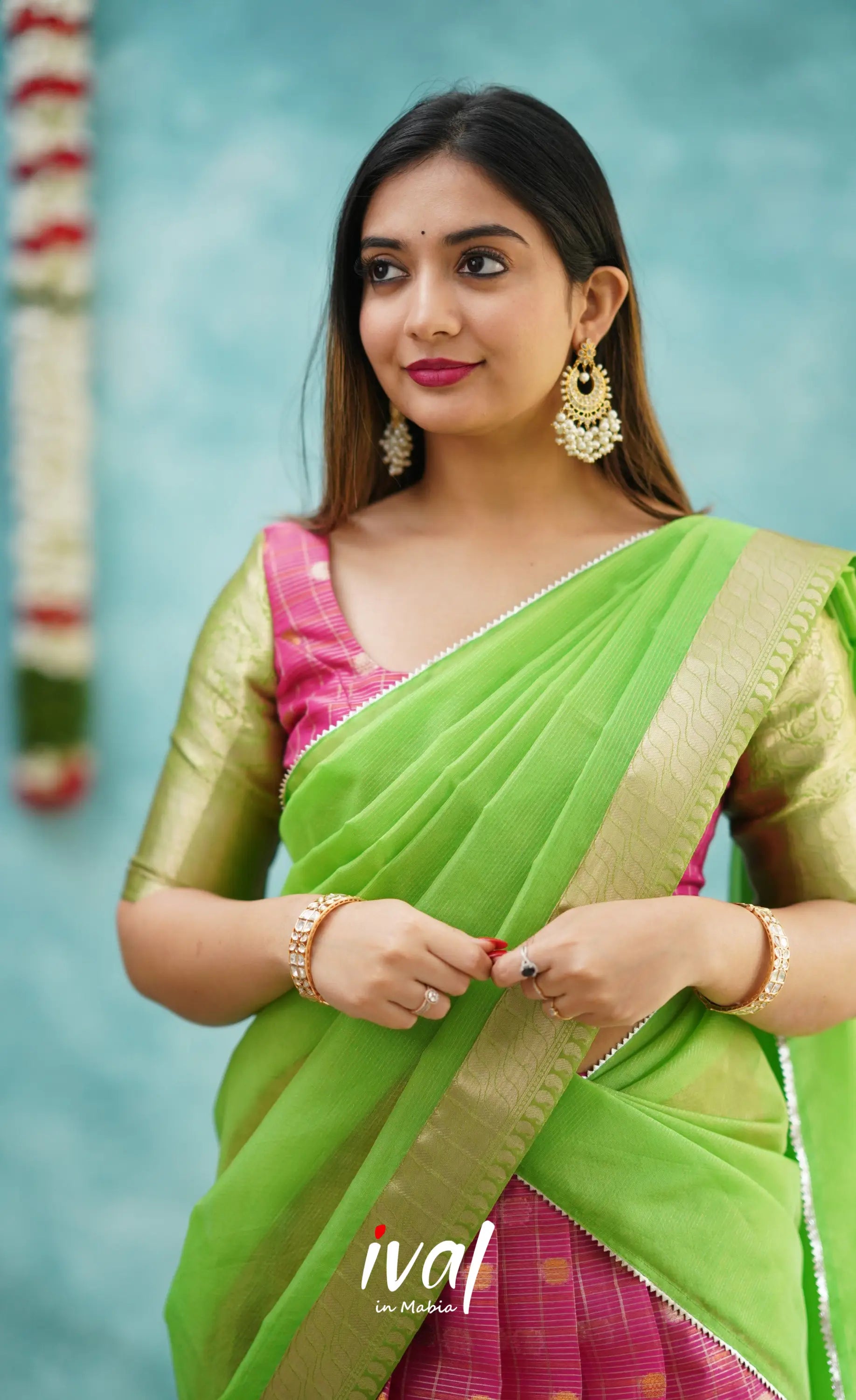 Izhaiyini - Pink And Light Green Organza Halfsaree Half Sarees