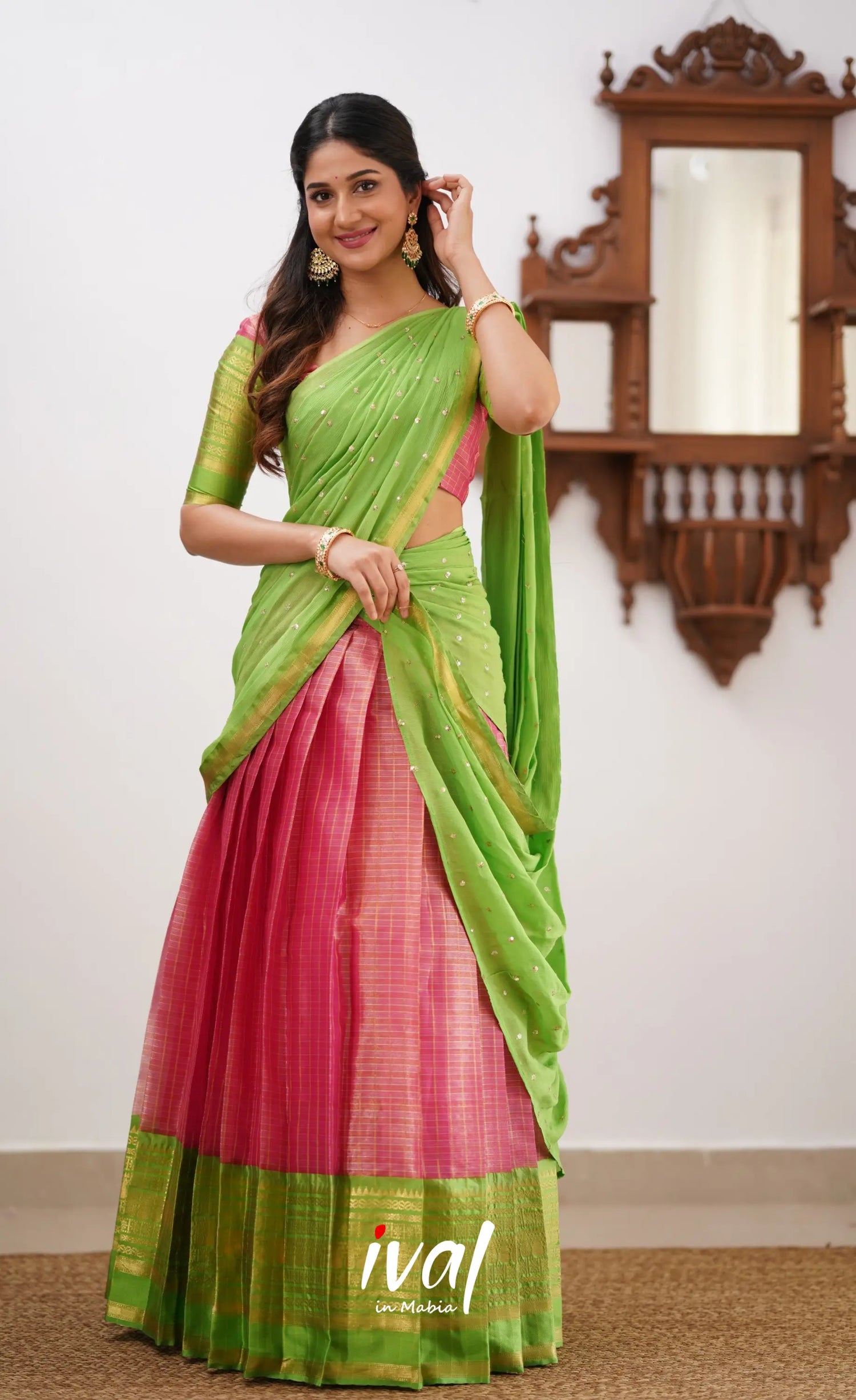 Izhaiyini- Pink And Light Green Organza Halfsaree Half Sarees