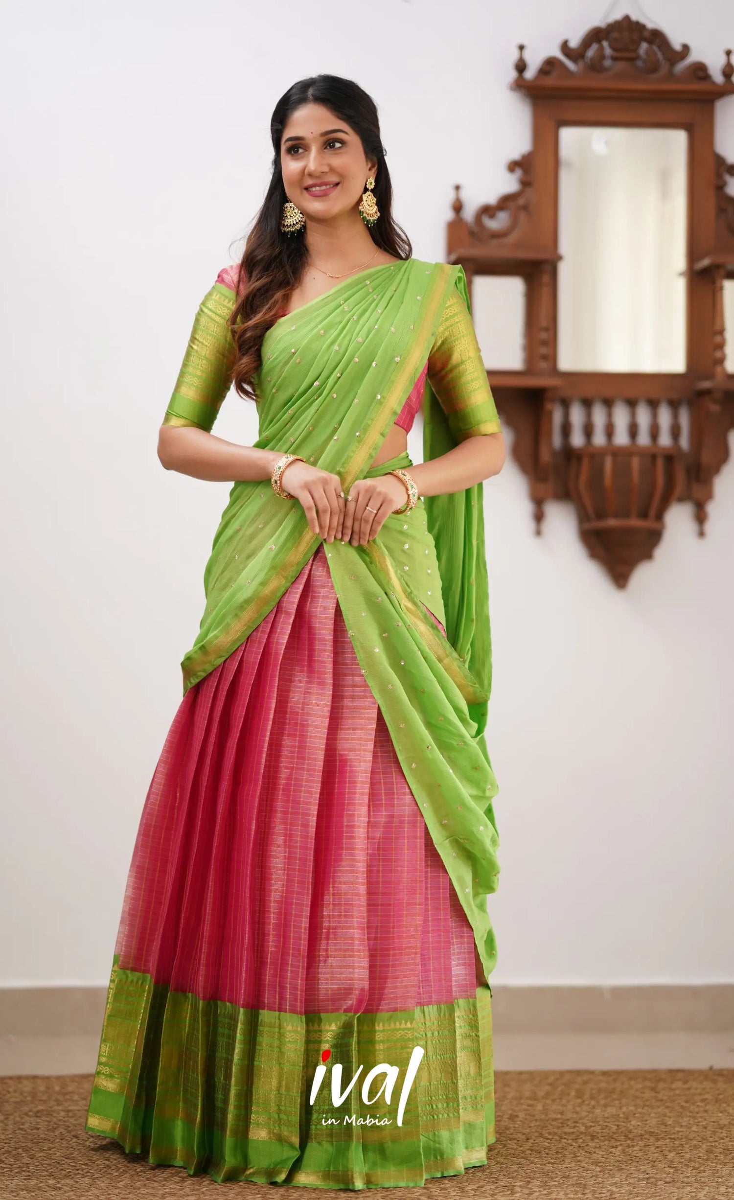 Izhaiyini- Pink And Light Green Organza Halfsaree Half Sarees