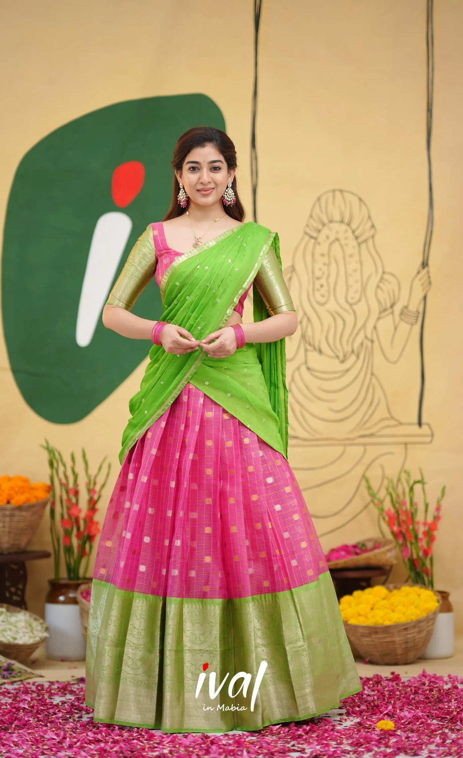 Izhaiyini - Pink and Light Green Organza Halfsaree - Half Sarees