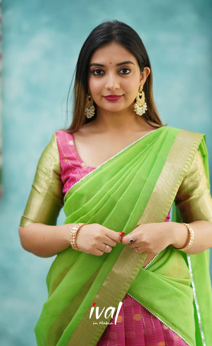 Izhaiyini - Pink And Light Green Organza Halfsaree Half Sarees