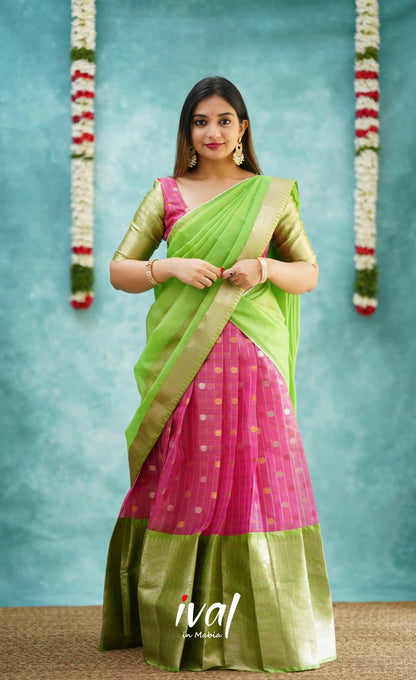 Izhaiyini - Pink And Light Green Organza Halfsaree Half Sarees