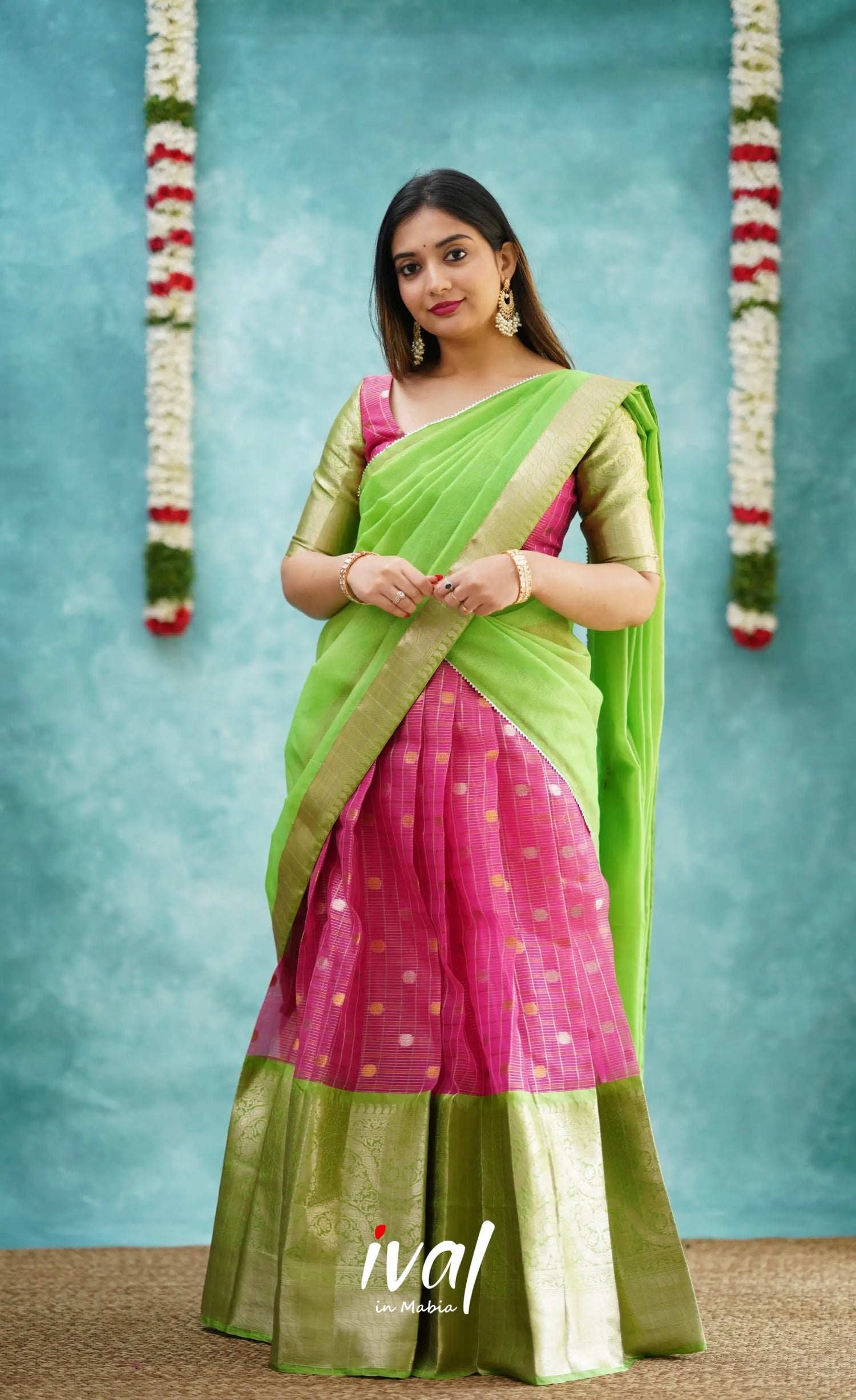 Izhaiyini - Pink And Light Green Organza Halfsaree Half Sarees