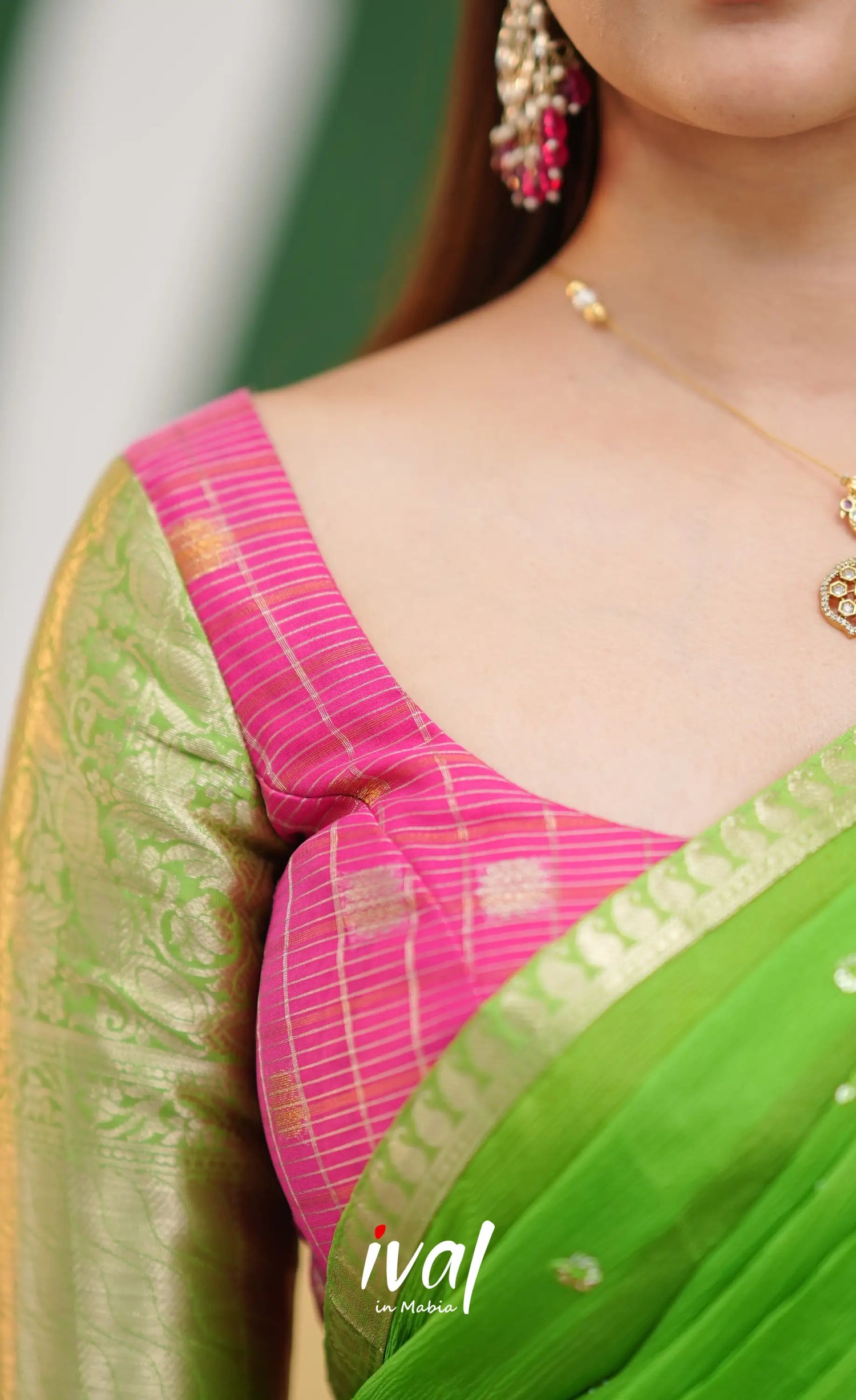 Izhaiyini - Pink and Light Green Organza Halfsaree - Half Sarees