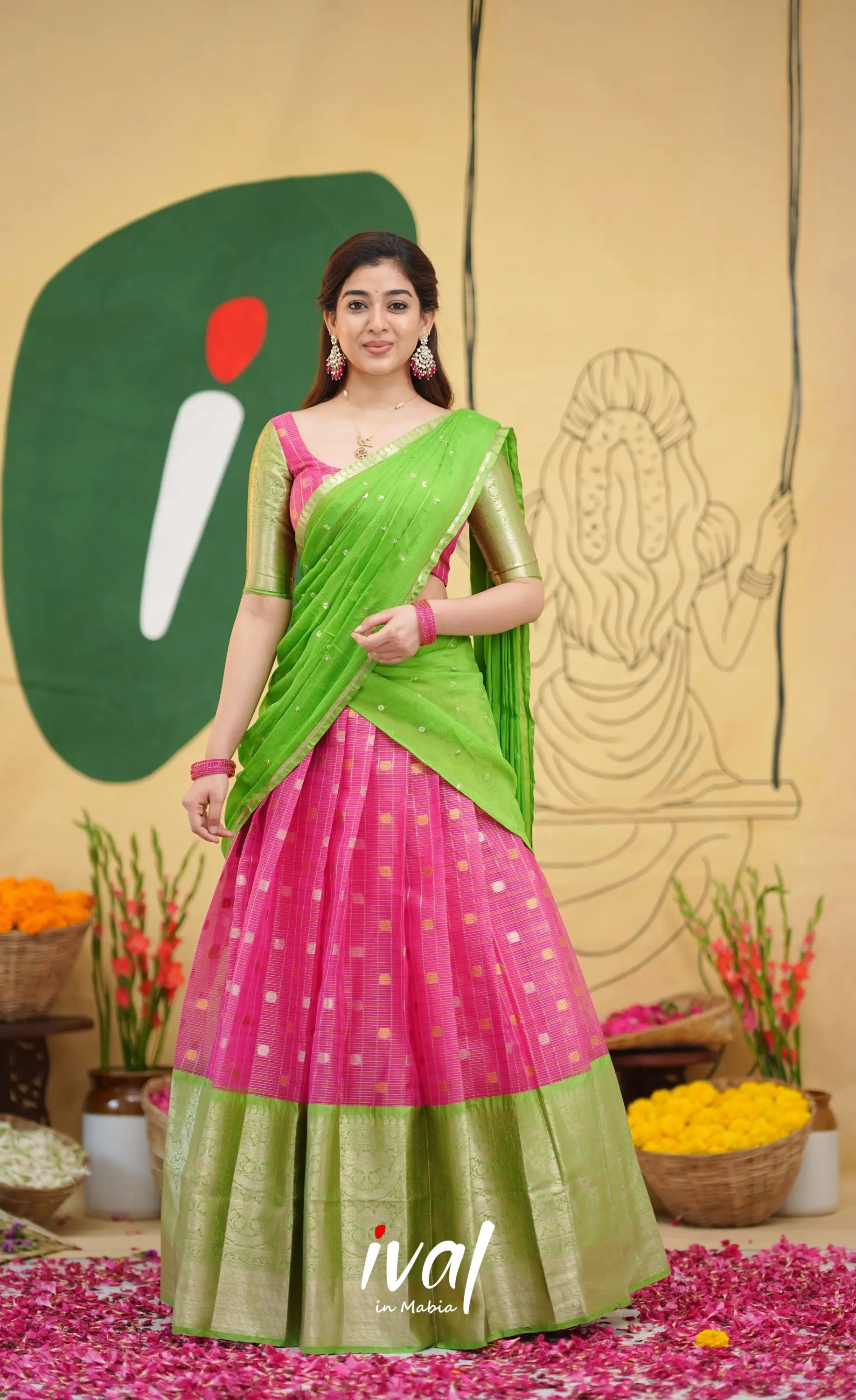 Izhaiyini - Pink and Light Green Organza Halfsaree - Half Sarees