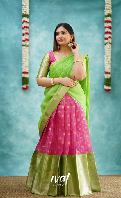 Izhaiyini - Pink And Light Green Organza Halfsaree Half Sarees