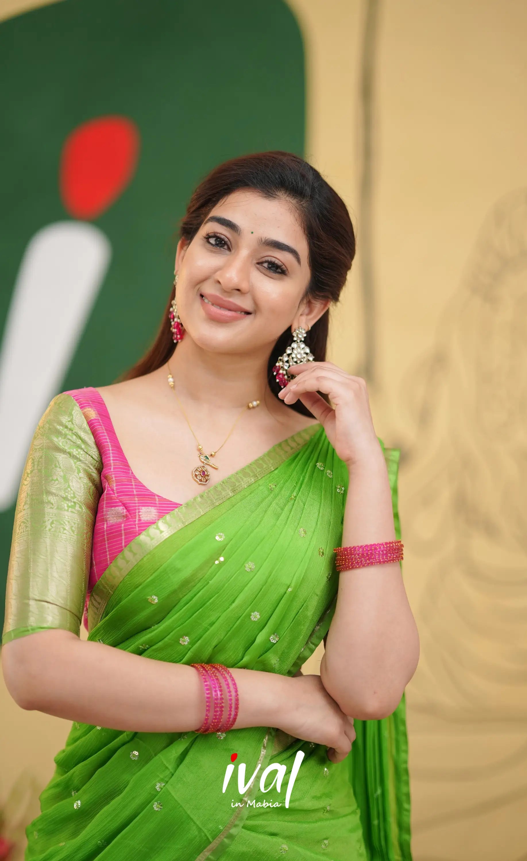 Izhaiyini - Pink and Light Green Organza Halfsaree - Half Sarees