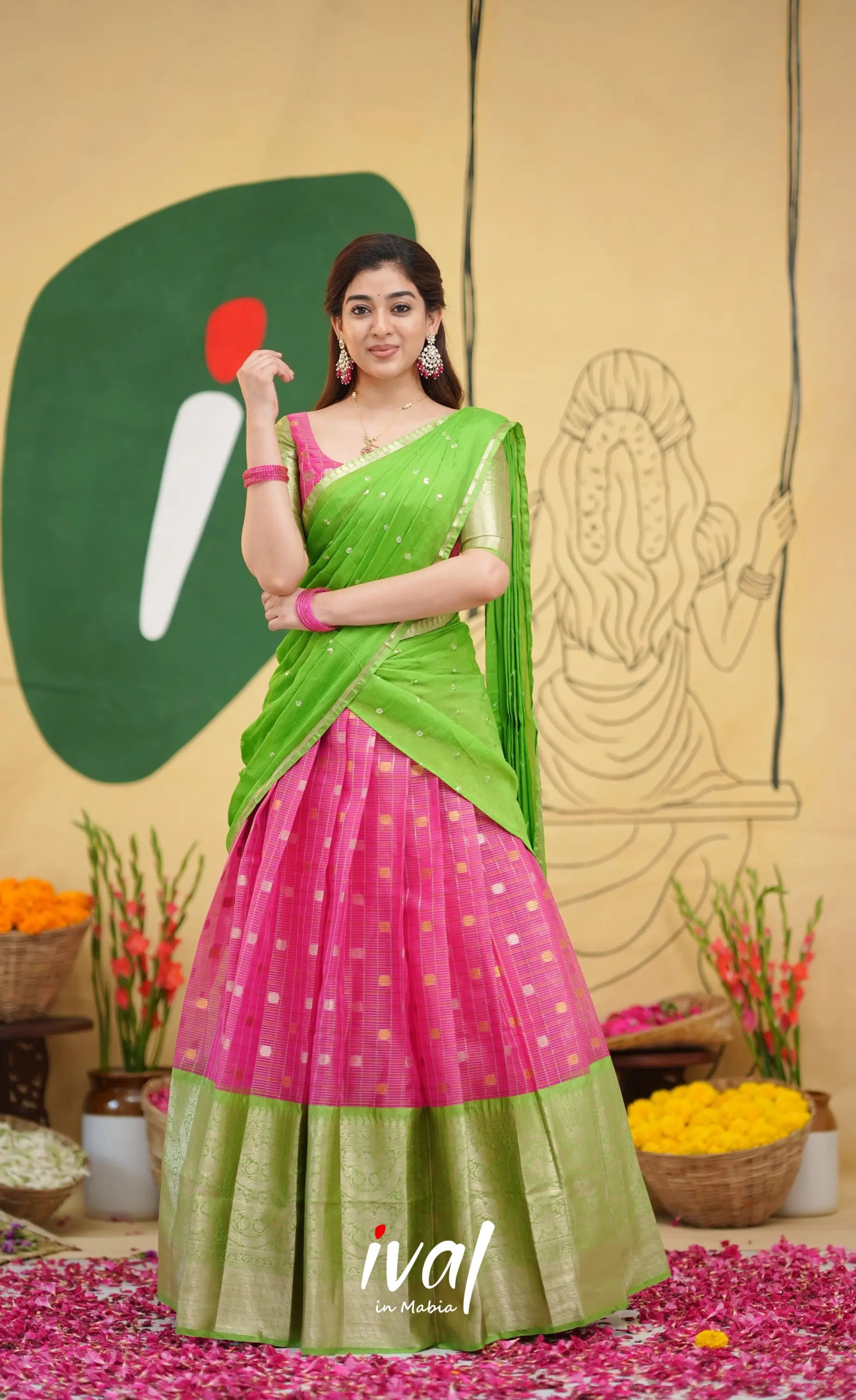 Izhaiyini - Pink and Light Green Organza Halfsaree - Half Sarees