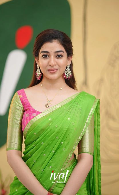 Izhaiyini - Pink and Light Green Organza Halfsaree - Half Sarees