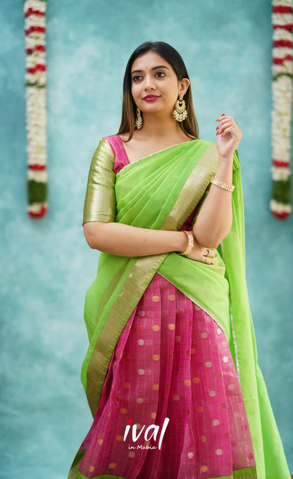 Izhaiyini - Pink And Light Green Organza Halfsaree Half Sarees