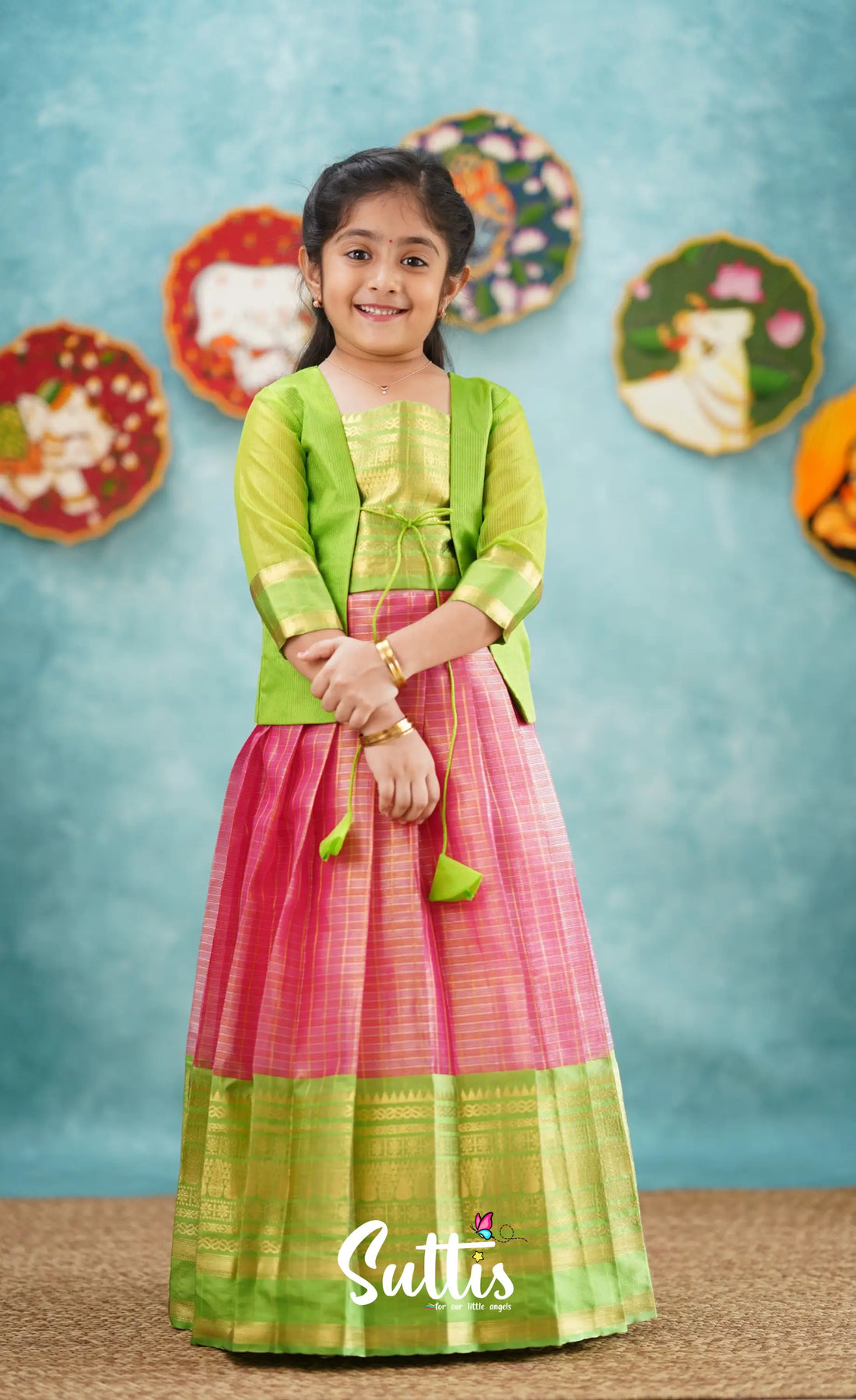 Izhaiyini-Pink And Light Green Organza Top Skirt Kids-Suttis