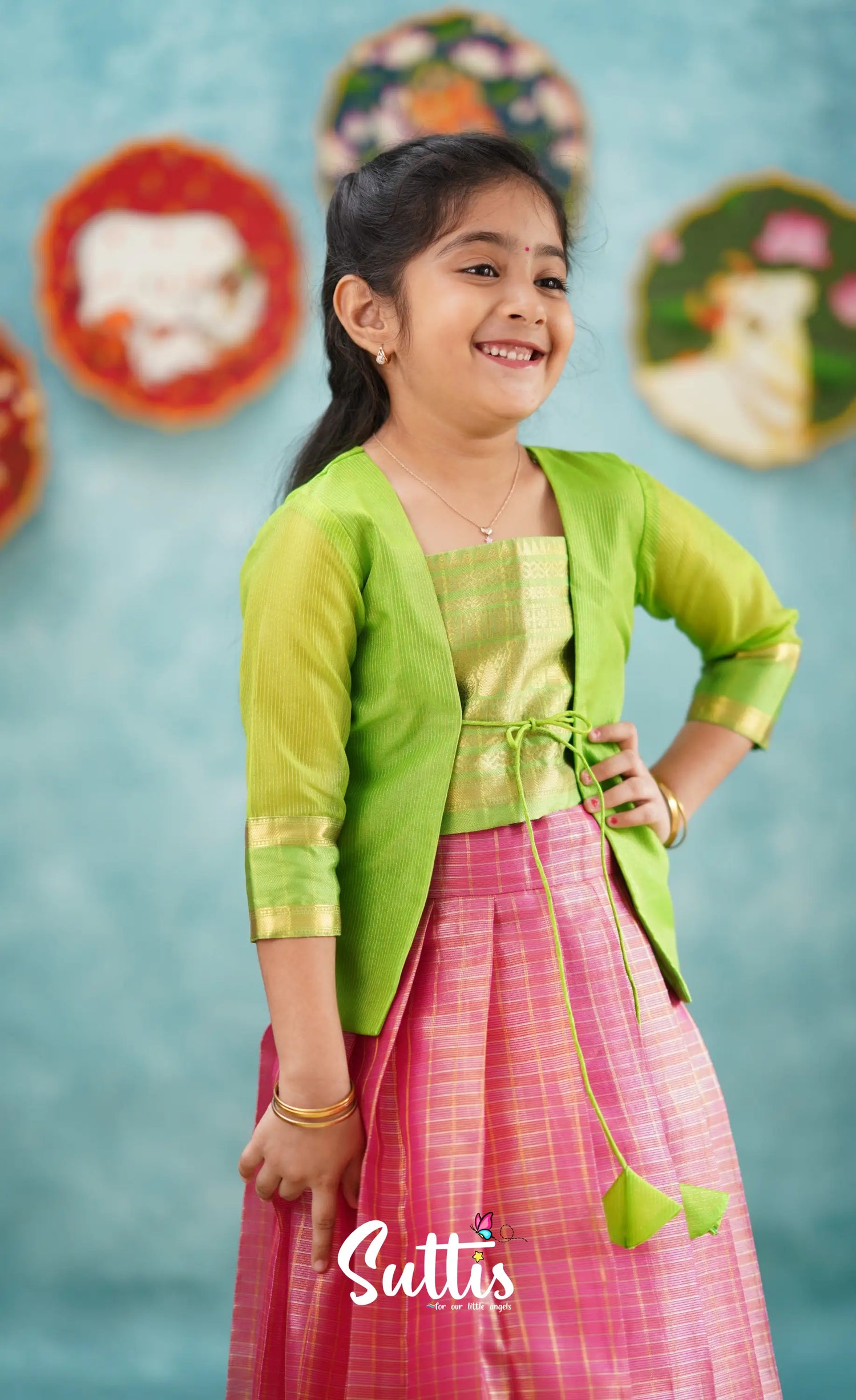 Izhaiyini-Pink And Light Green Organza Top Skirt Kids-Suttis