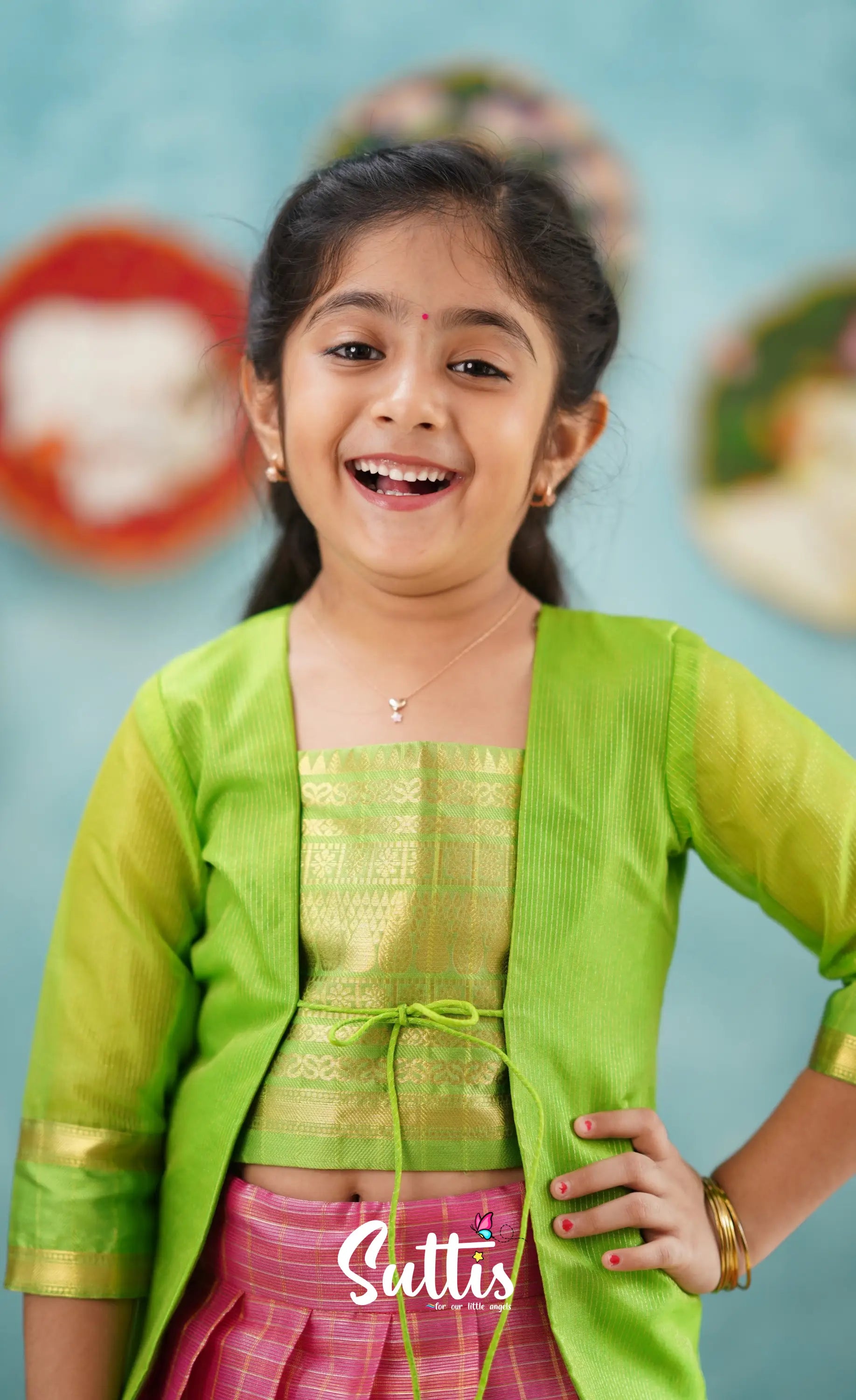 Izhaiyini-Pink And Light Green Organza Top Skirt Kids-Suttis