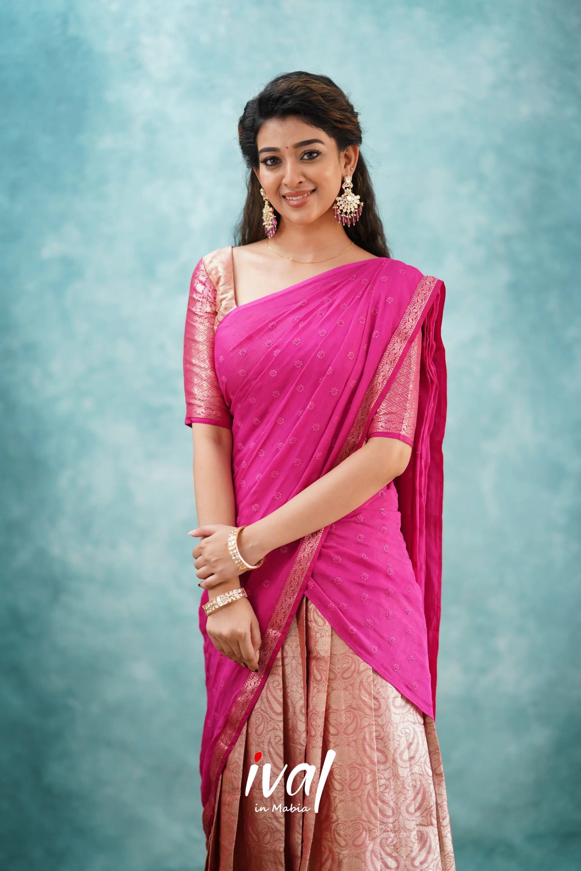 Izhaiyini - Pink Banarasi Tissue Halfsaree Half Sarees