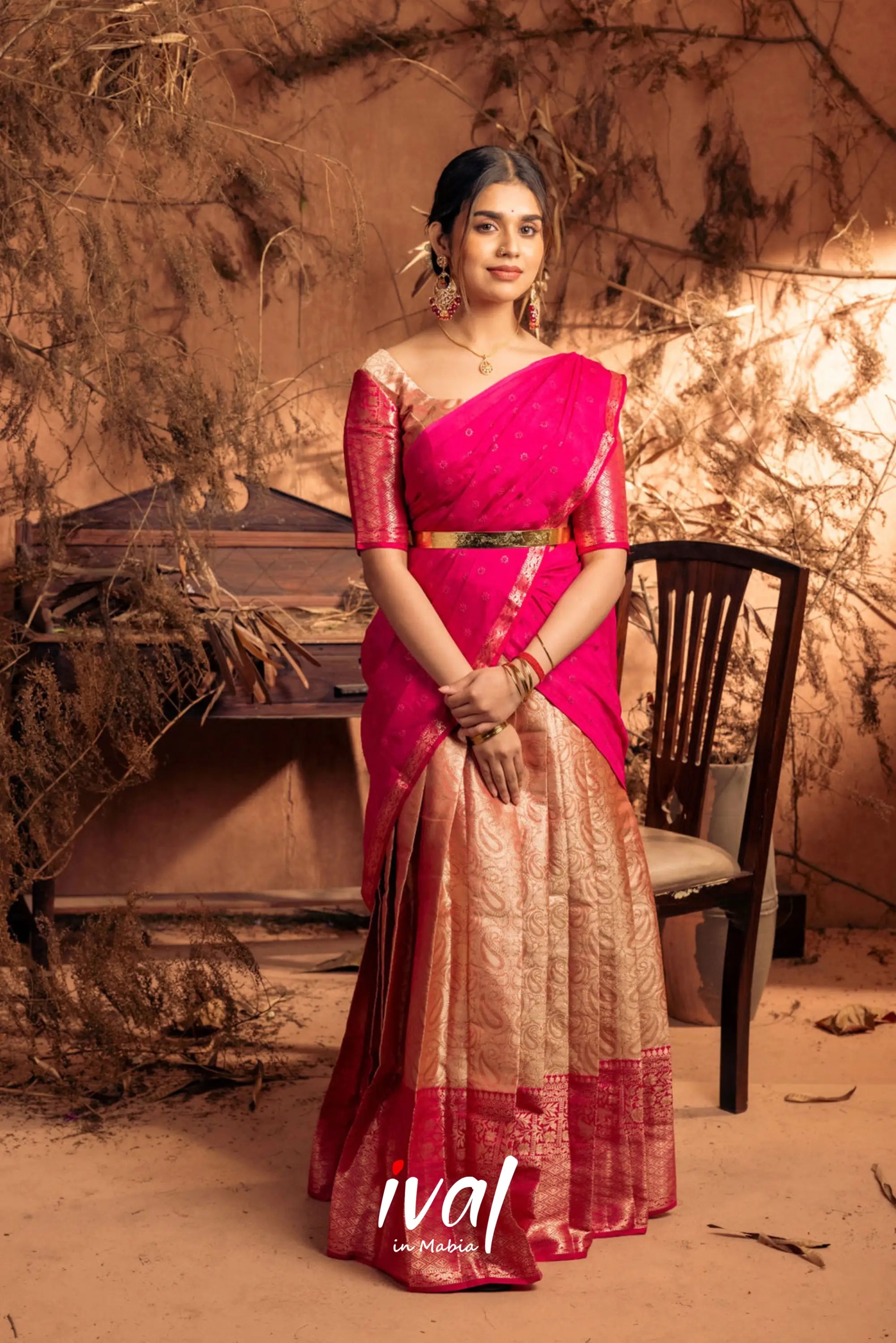 Izhaiyini - Pink Banarasi Tissue Halfsaree Half Sarees