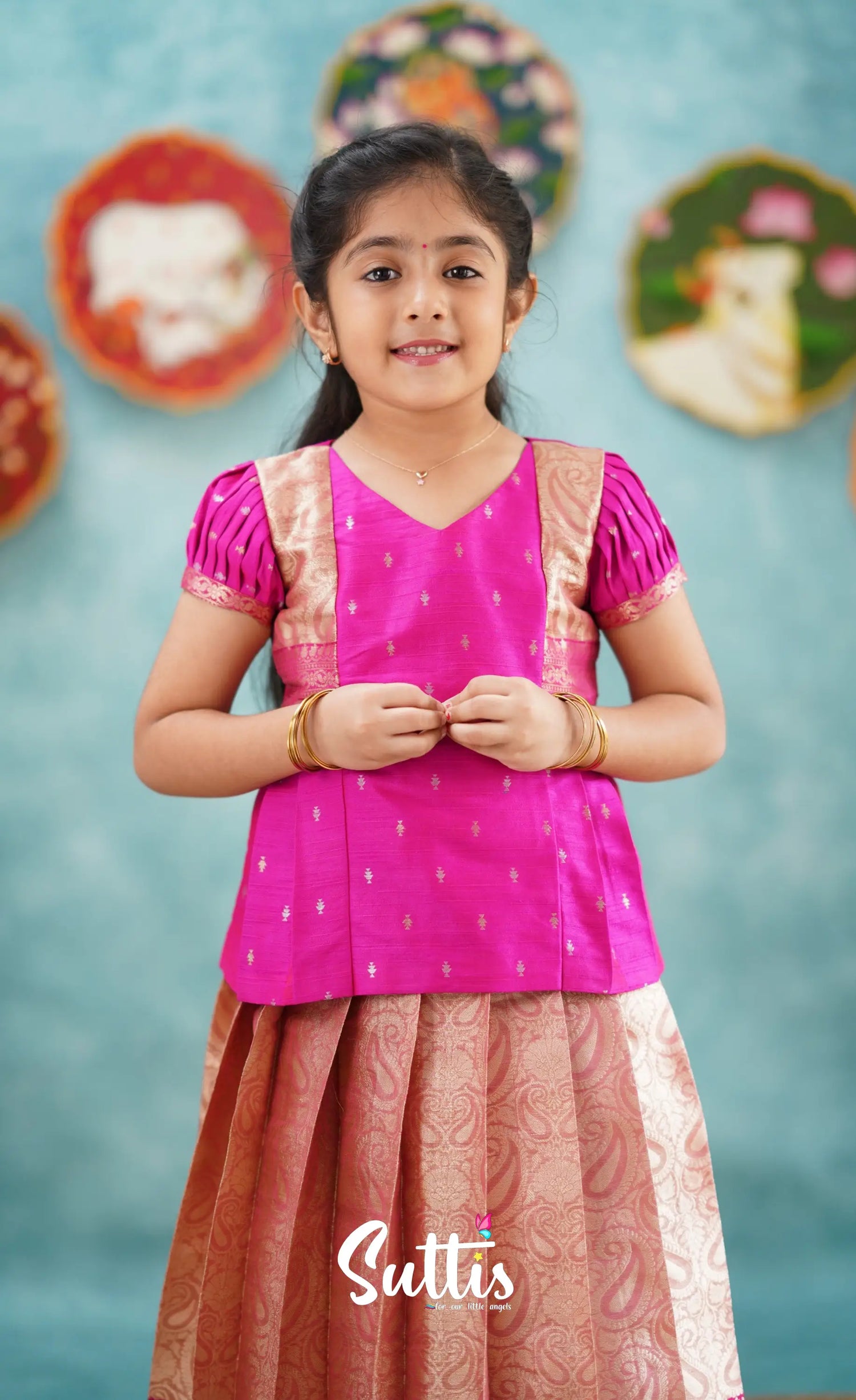 Izhaiyini - Pink Banarasi Tissue Pavadai Sattai Kids-Suttis