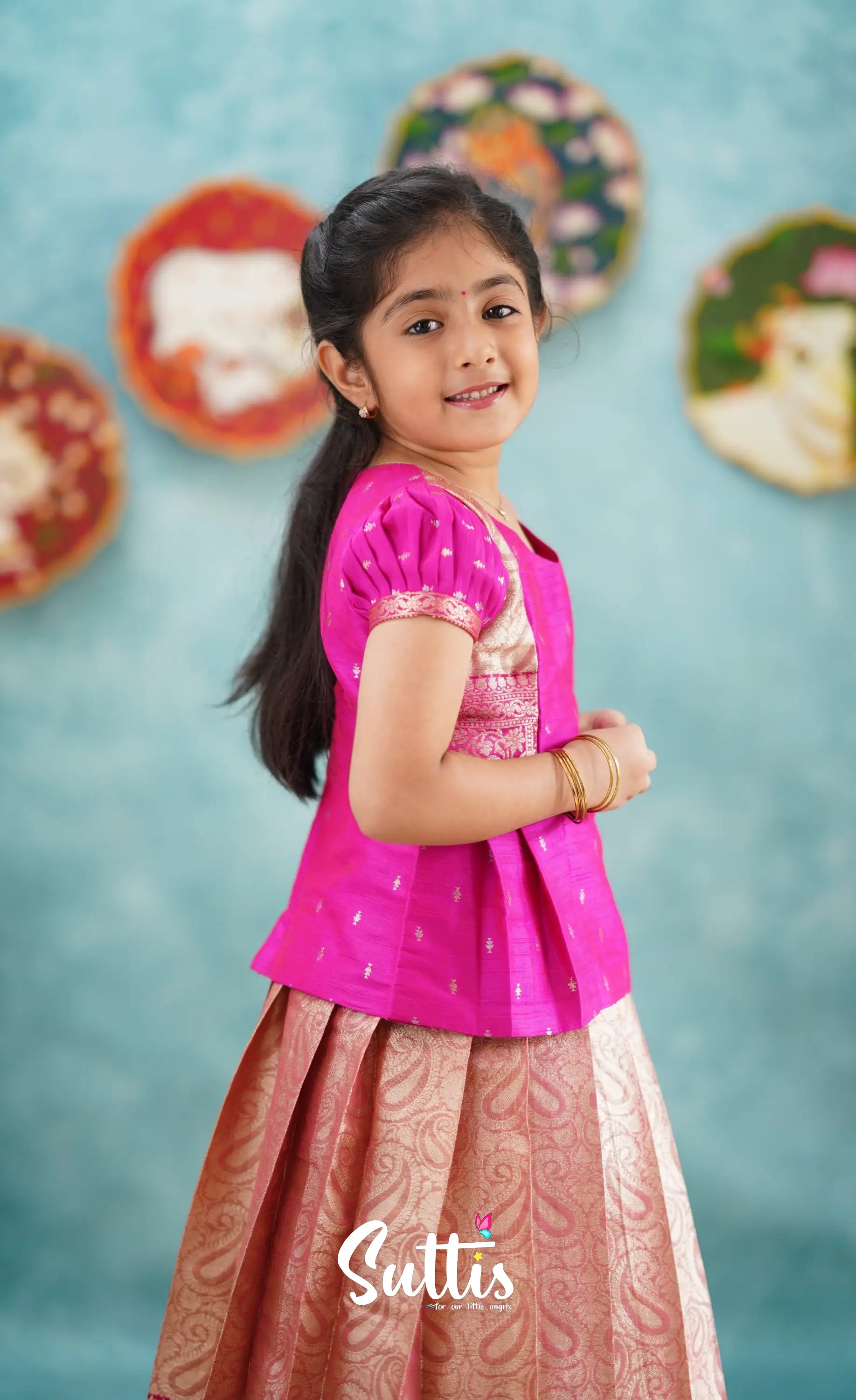 Izhaiyini - Pink Banarasi Tissue Pavadai Sattai Kids-Suttis