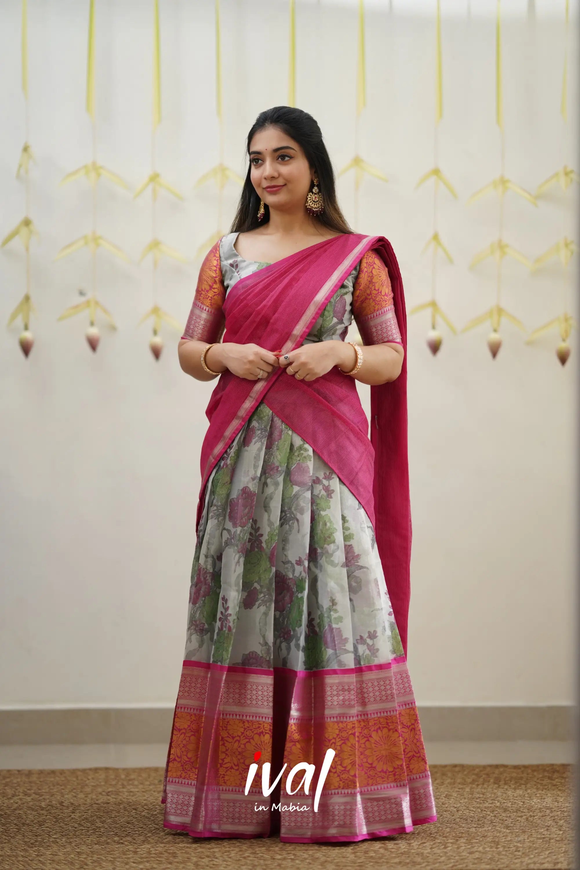 Izhaiyini - Pink Floral Organza Halfsaree Half Sarees