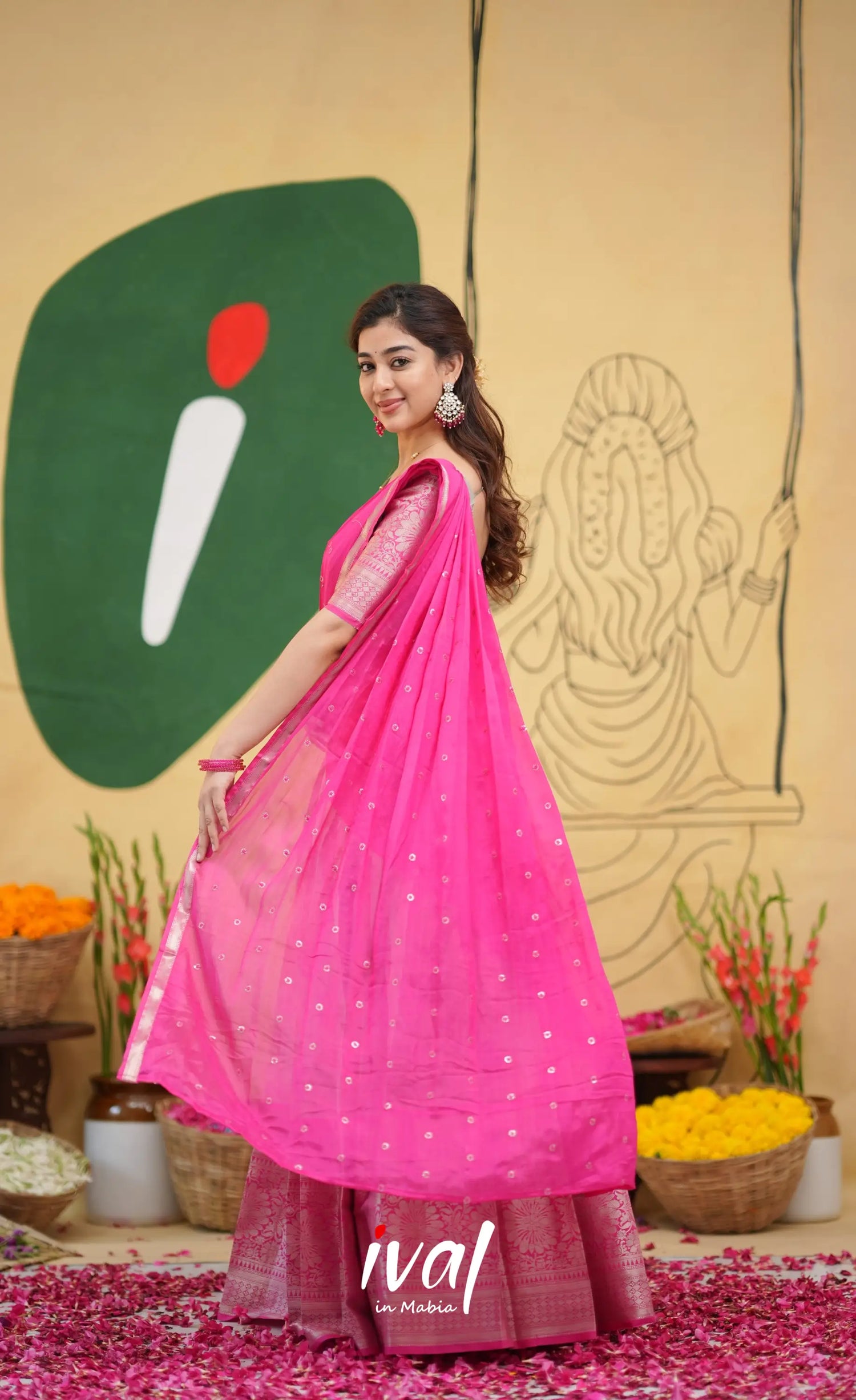 Izhaiyini - Pink Floral Organza Halfsaree - Half Sarees