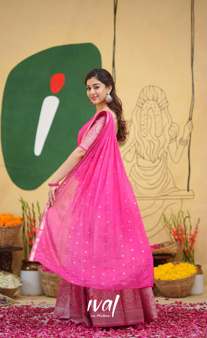 Izhaiyini - Pink Floral Organza Halfsaree - Half Sarees