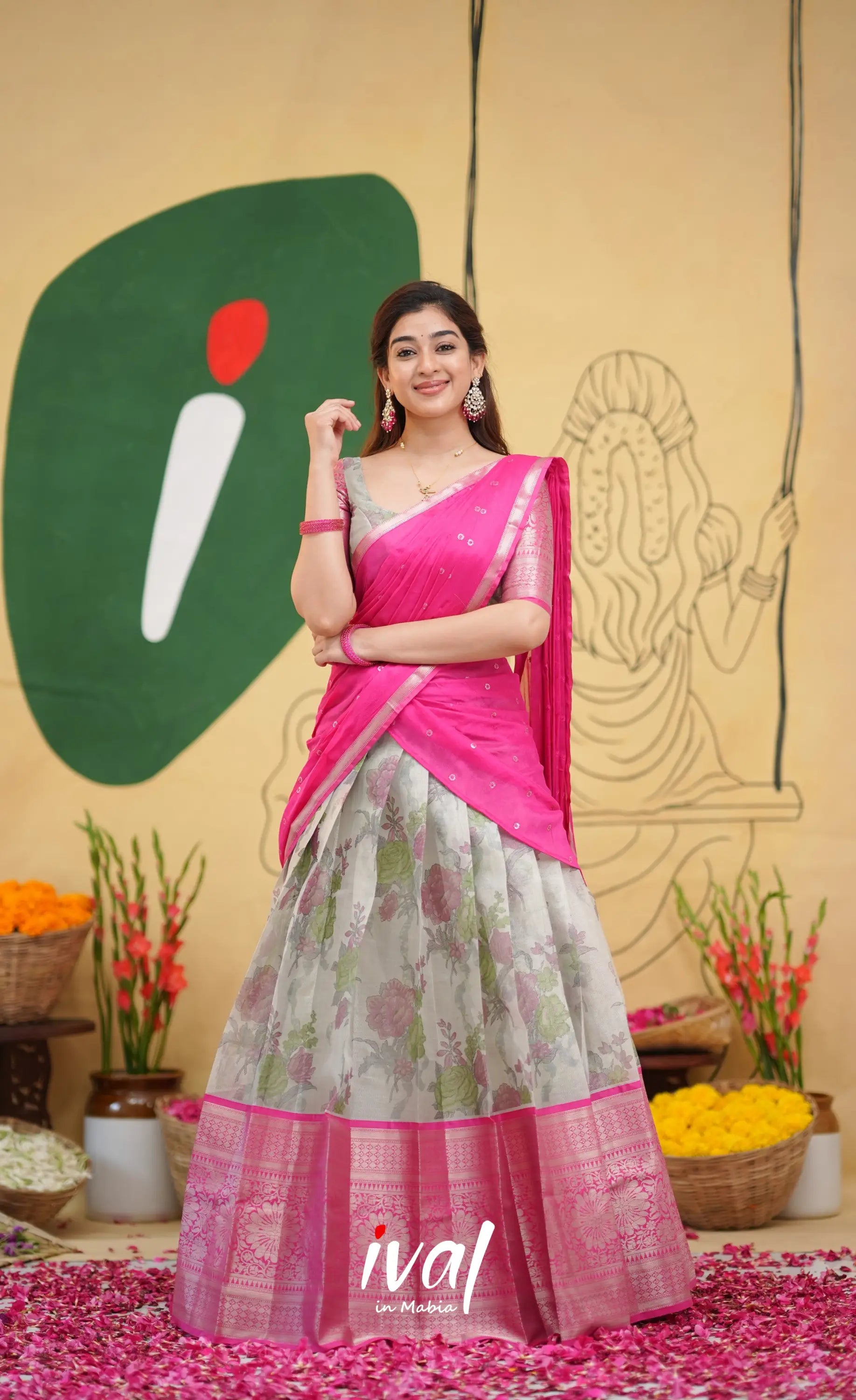 Izhaiyini - Pink Floral Organza Halfsaree - Half Sarees