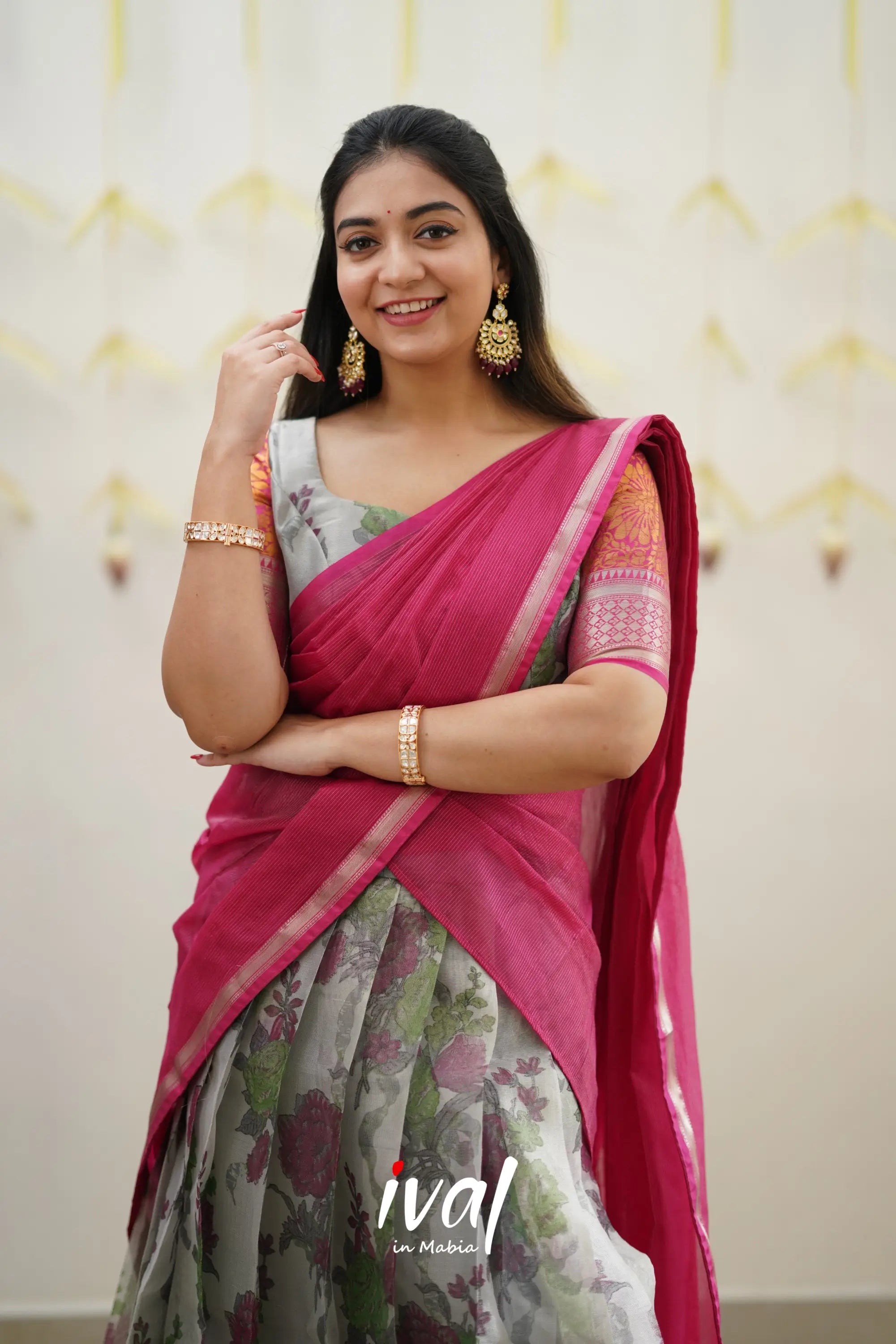 Izhaiyini - Pink Floral Organza Halfsaree Half Sarees