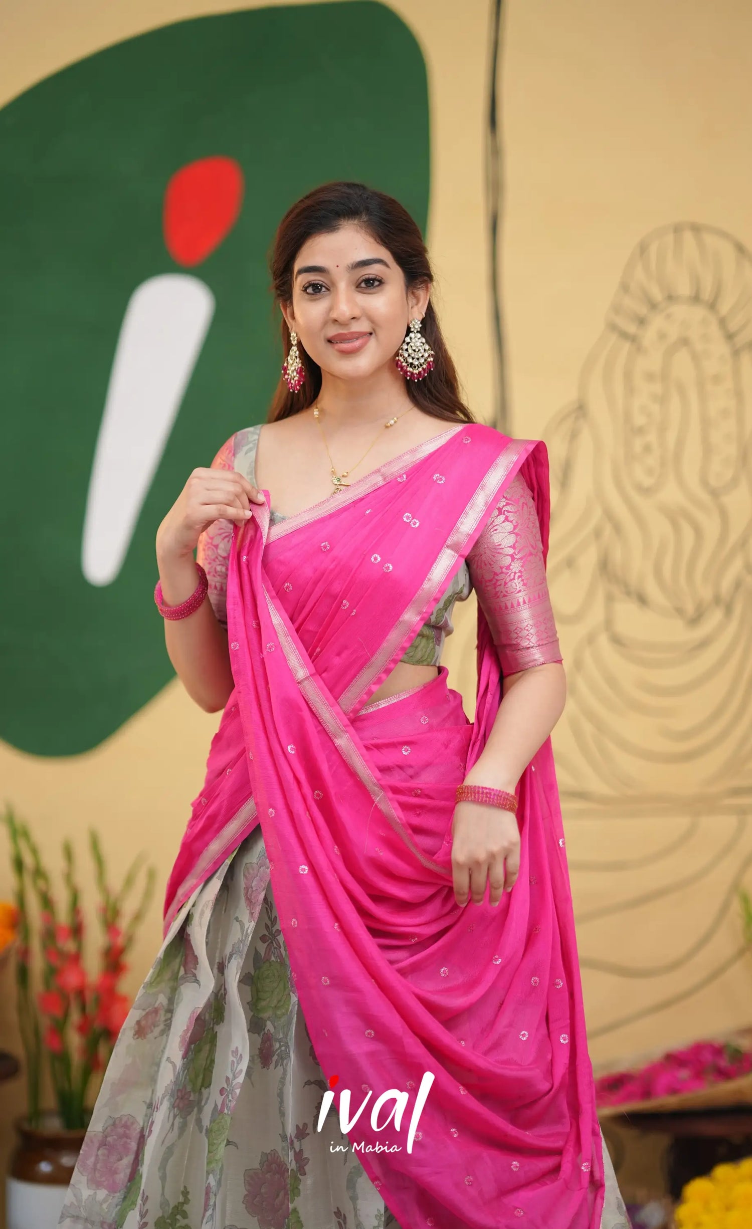 Izhaiyini - Pink Floral Organza Halfsaree - Half Sarees