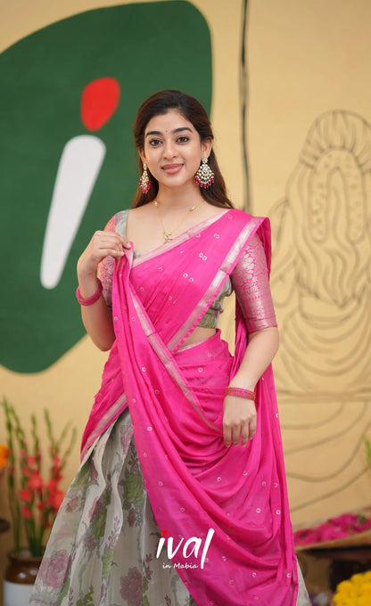 Izhaiyini - Pink Floral Organza Halfsaree - Half Sarees