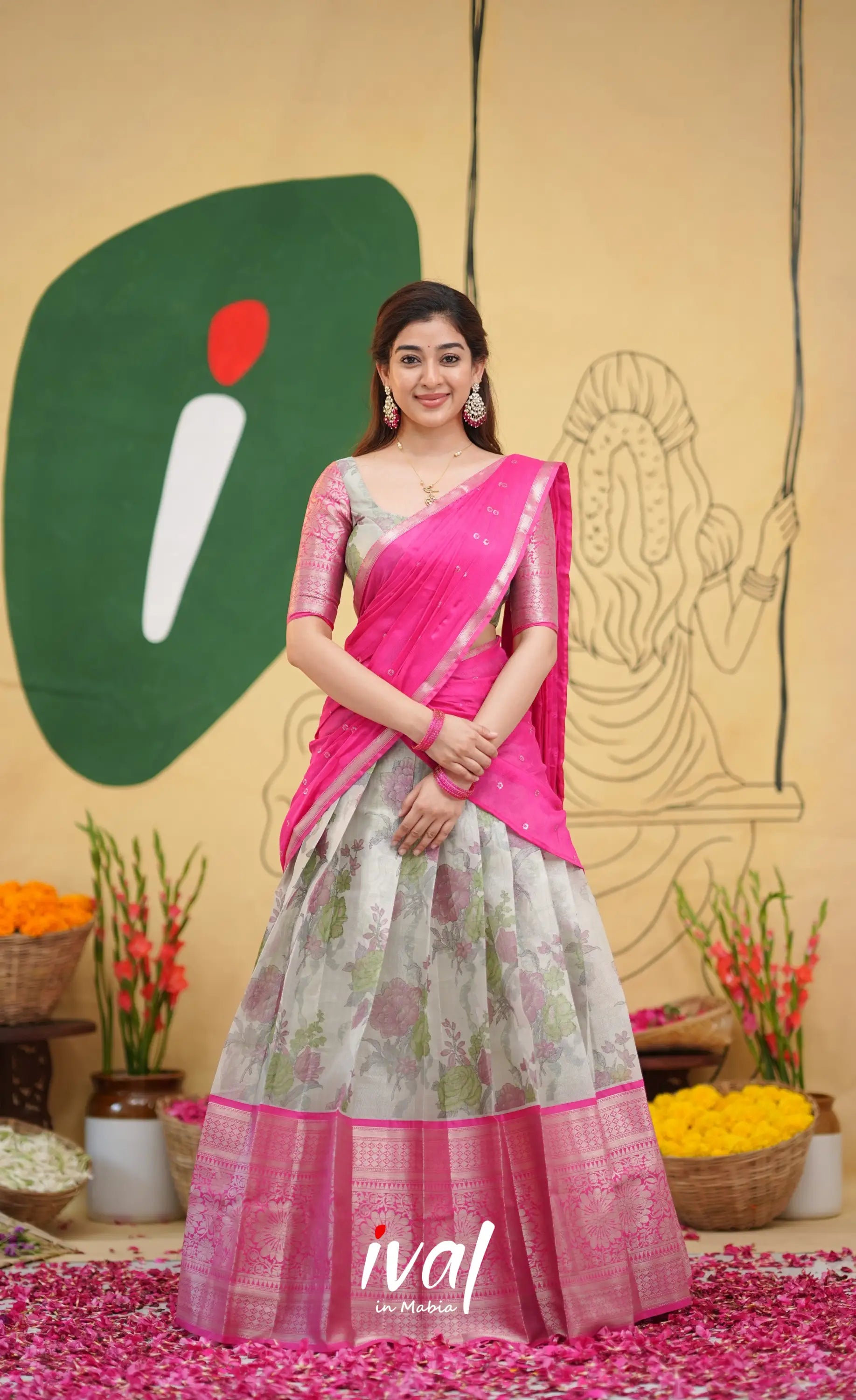 Izhaiyini - Pink Floral Organza Halfsaree - Half Sarees
