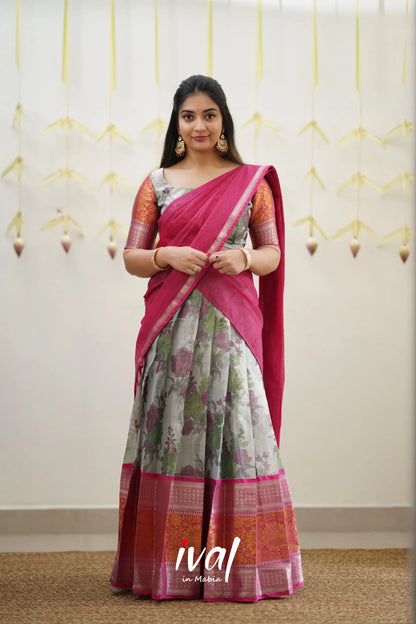 Izhaiyini - Pink Floral Organza Halfsaree Half Sarees