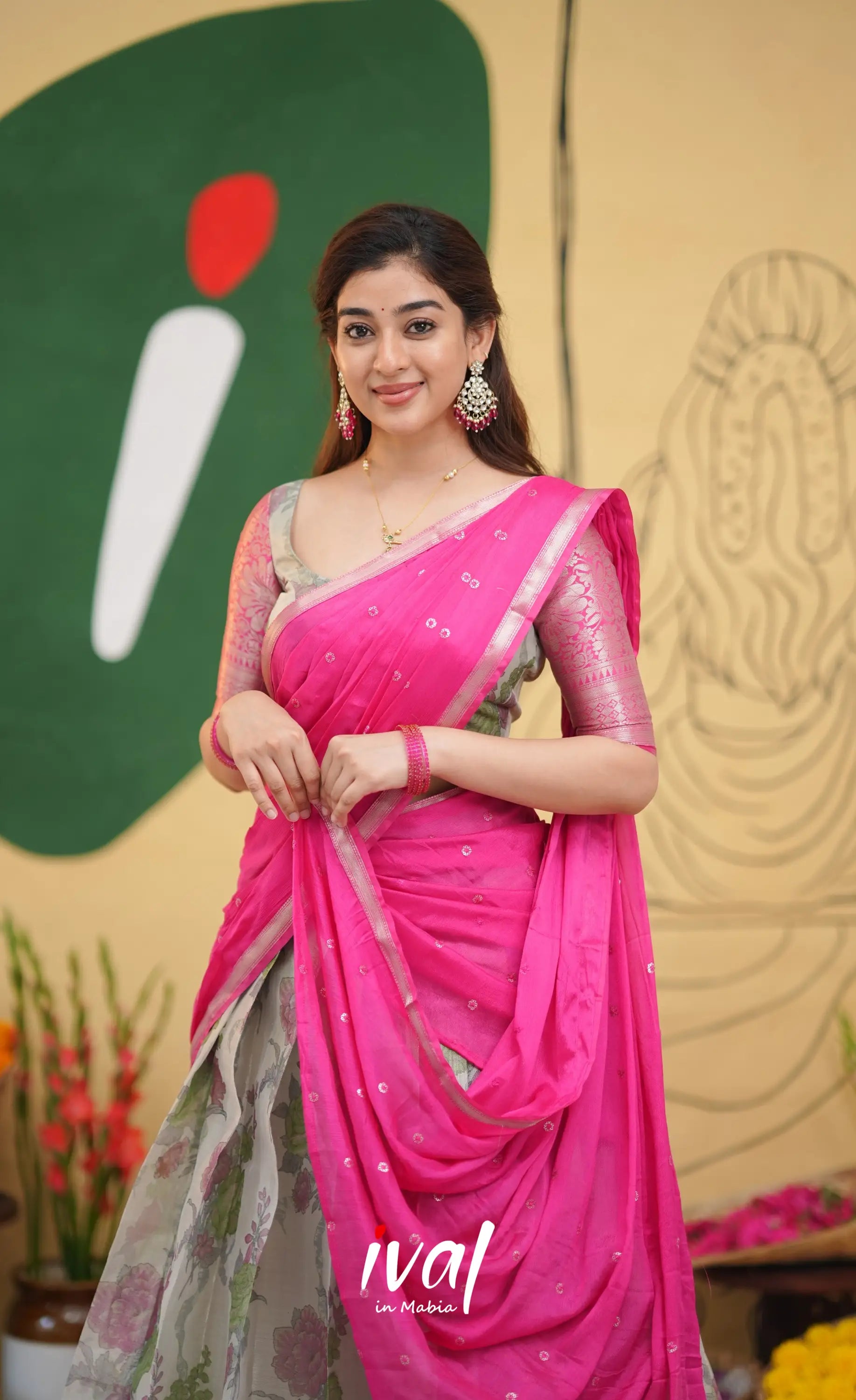 Izhaiyini - Pink Floral Organza Halfsaree - Half Sarees