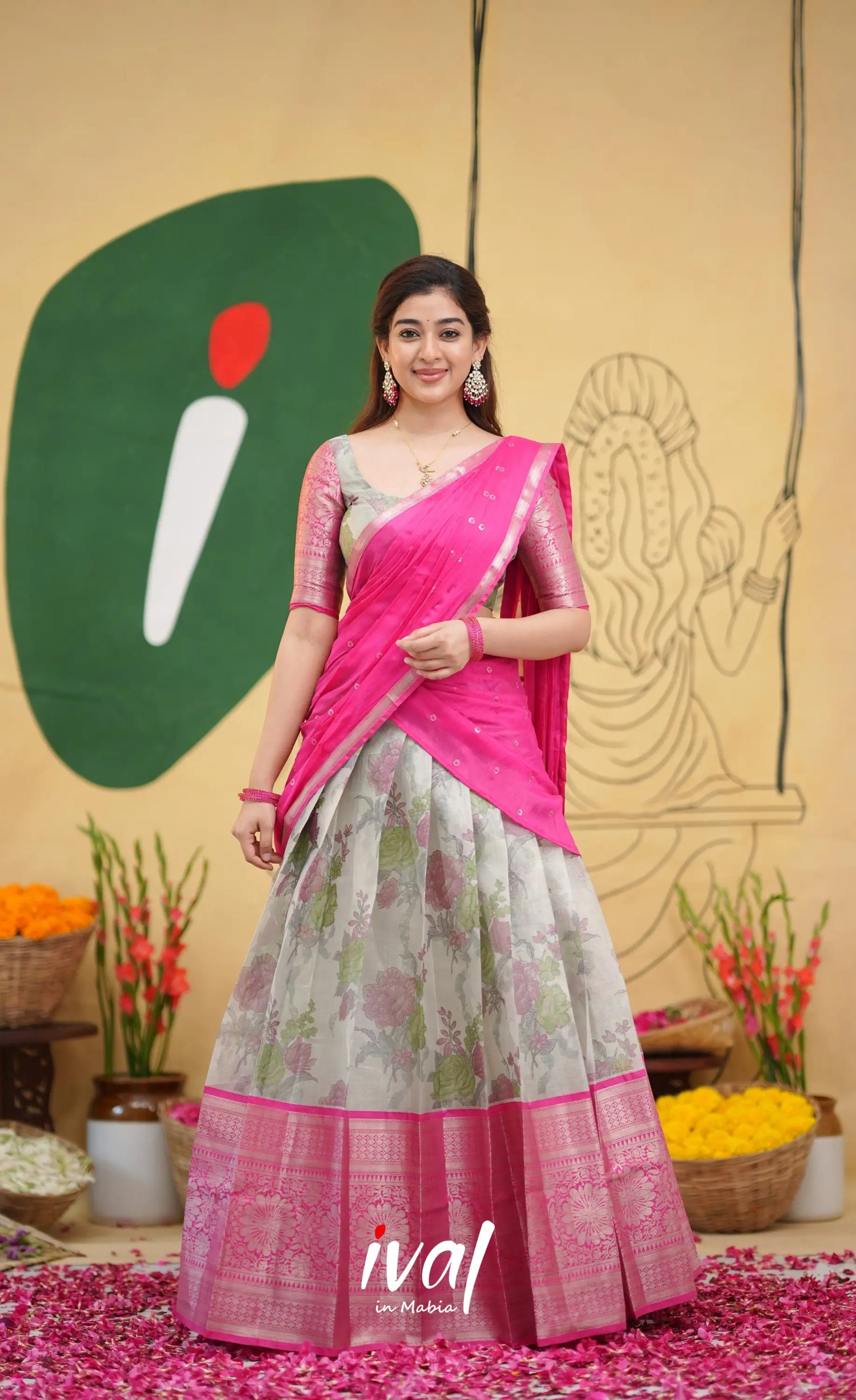 Izhaiyini - Pink Floral Organza Halfsaree - Half Sarees