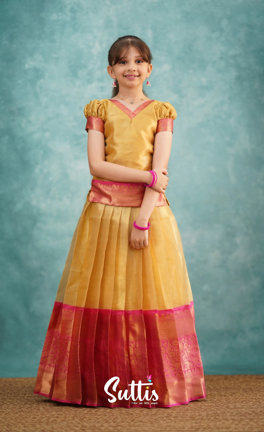 Izhaiyini Pink Shade And Gold Tone Organza Pavadai Sattai Kids-Suttis