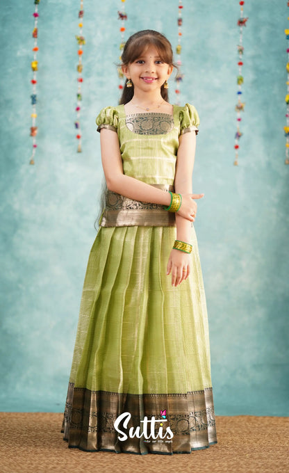 Izhaiyini Pista Green Shade And Dark Tone Organza Pavadai Sattai Kids-Suttis