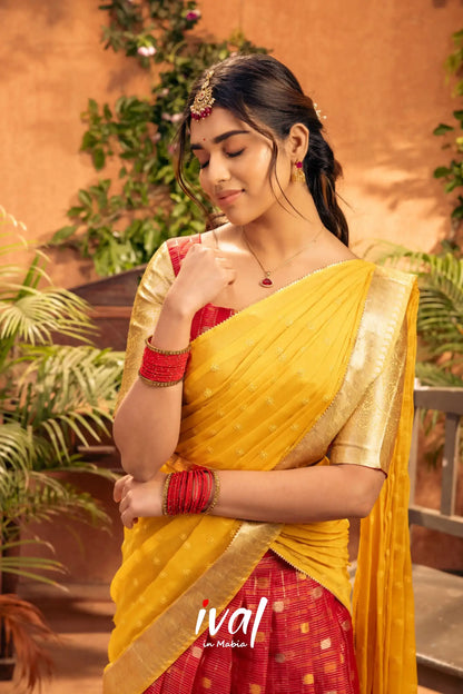 Izhaiyini - Red And Yellow Banarasi Tissue Halfsaree Half Sarees