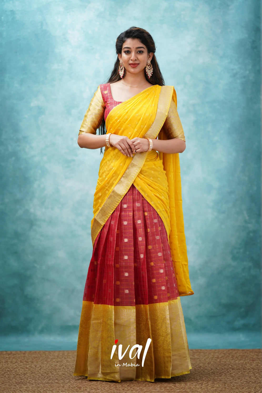 Izhaiyini - Red And Yellow Banarasi Tissue Halfsaree Half Sarees