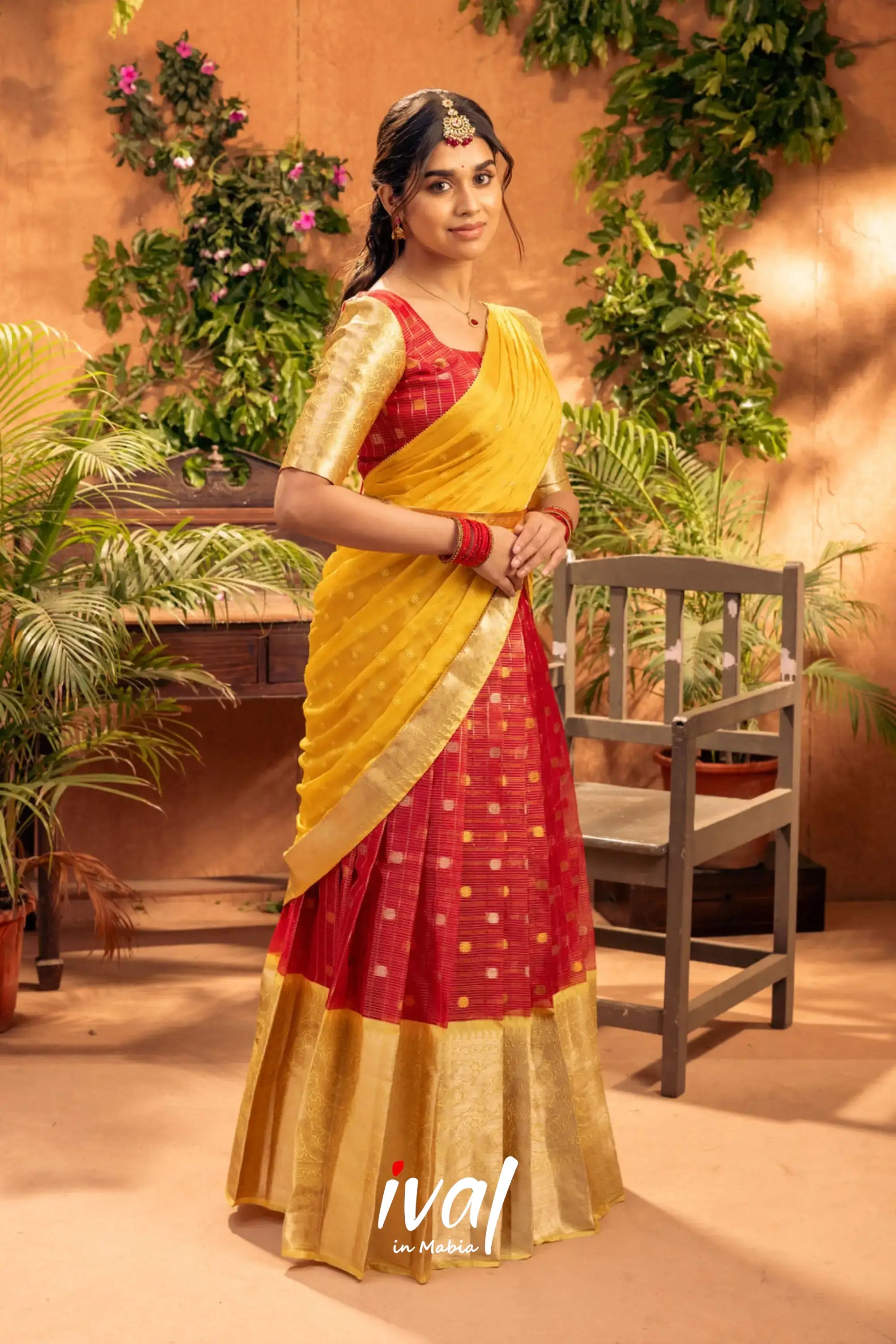 Izhaiyini - Red And Yellow Banarasi Tissue Halfsaree Half Sarees