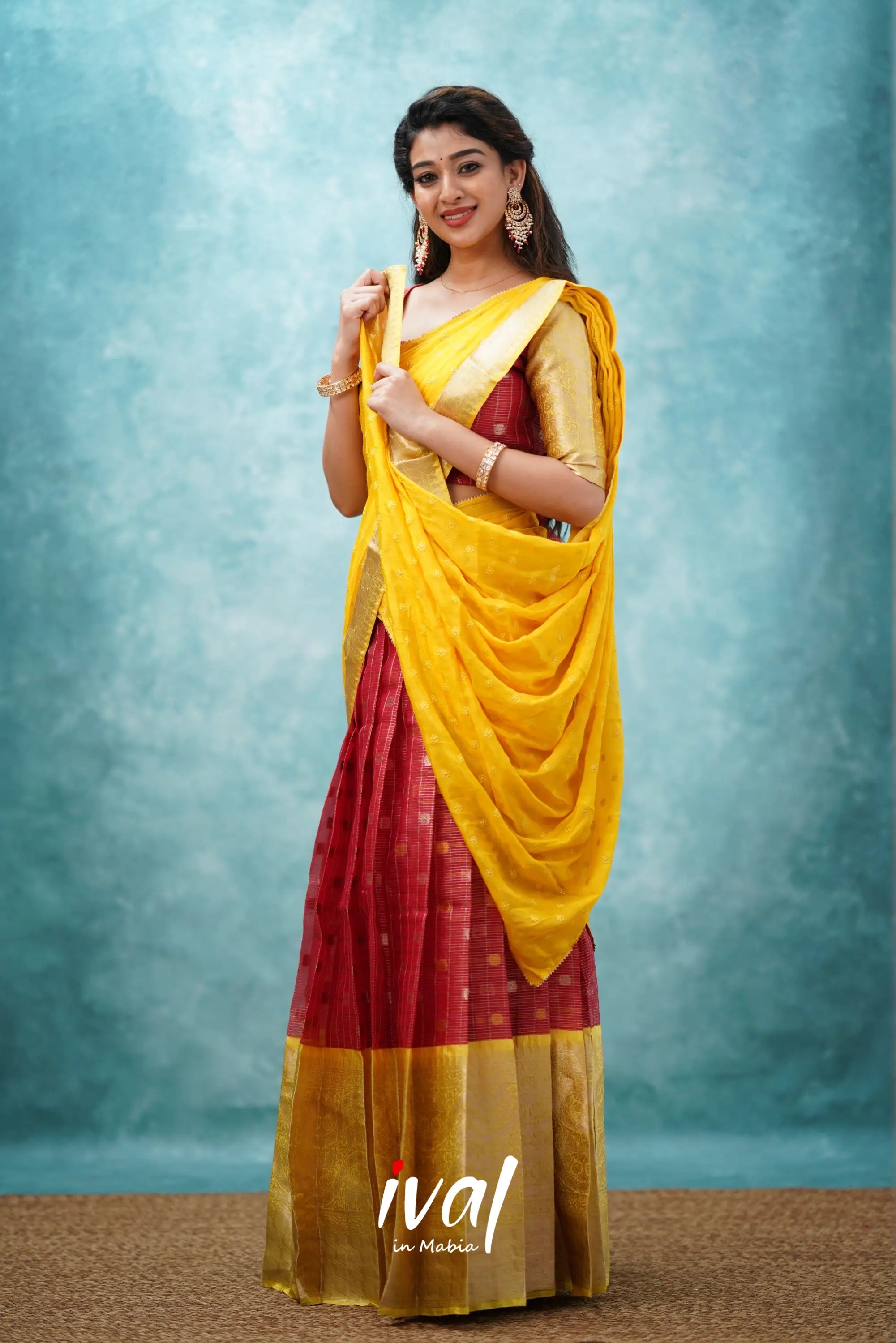 Izhaiyini - Red And Yellow Banarasi Tissue Halfsaree Half Sarees