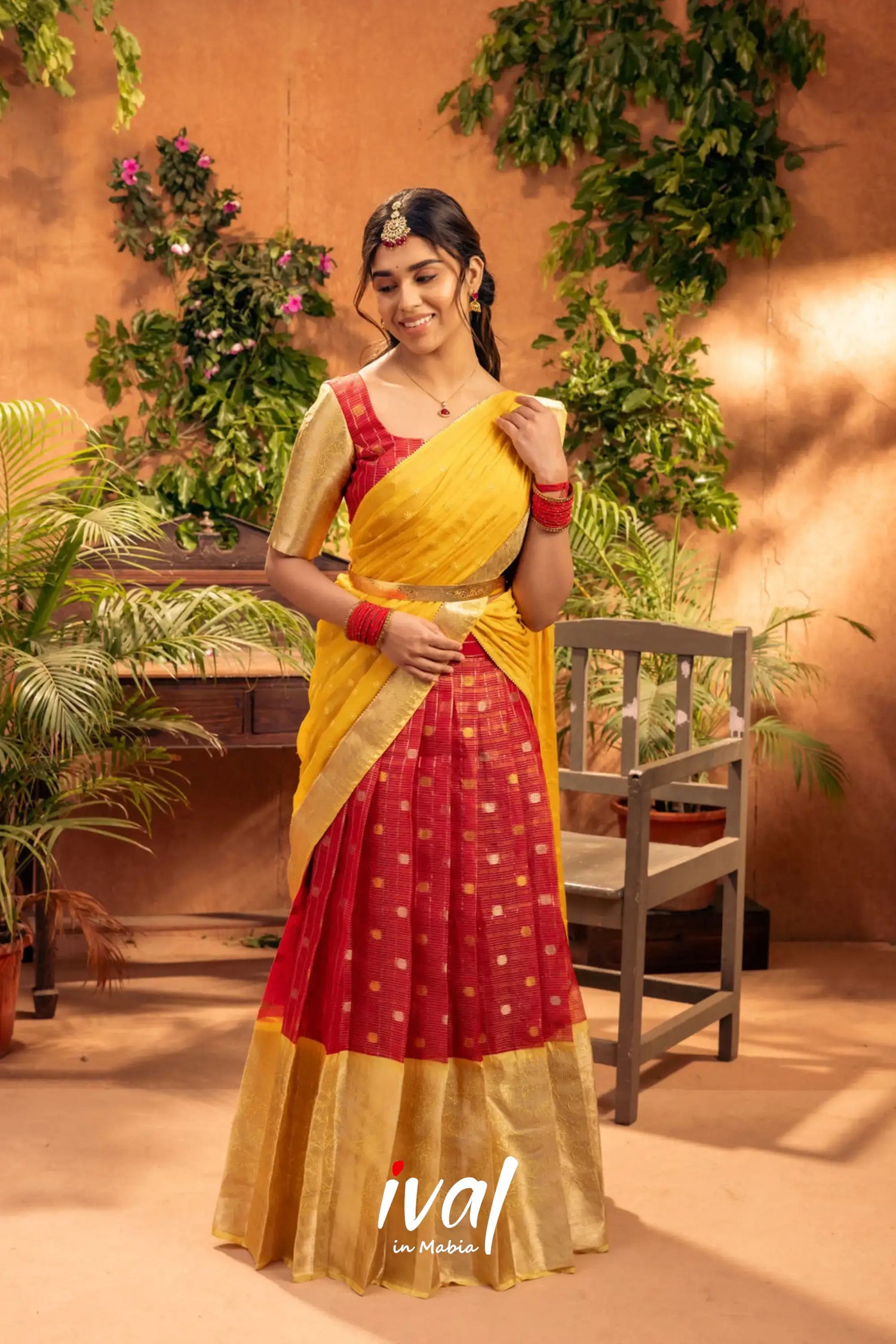 Izhaiyini - Red And Yellow Banarasi Tissue Halfsaree Half Sarees