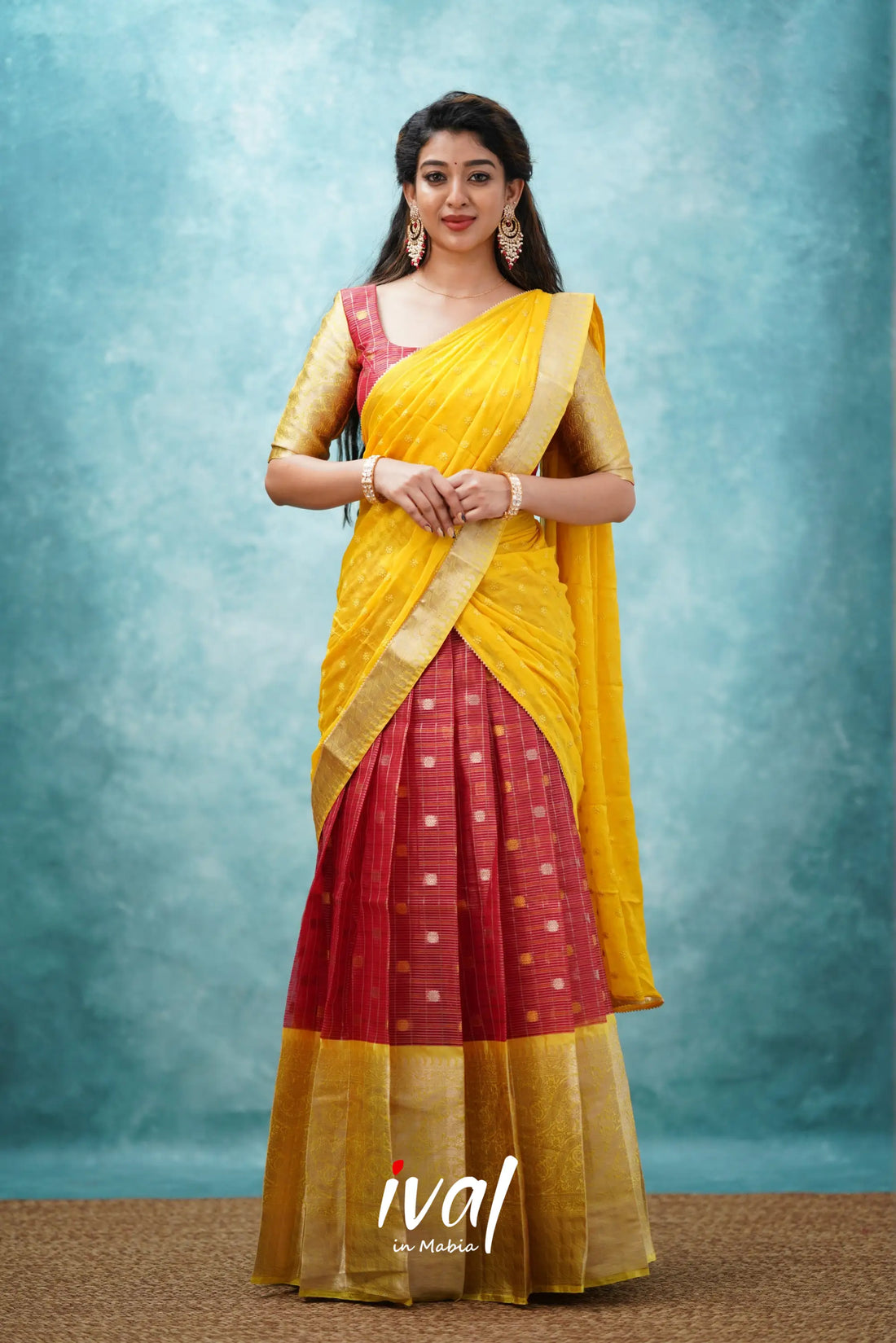 Izhaiyini - Red And Yellow Banarasi Tissue Halfsaree Half Sarees