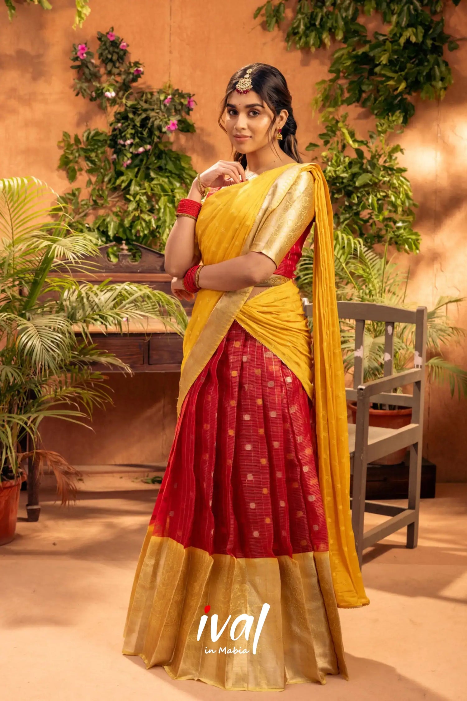 Izhaiyini - Red And Yellow Banarasi Tissue Halfsaree Half Sarees