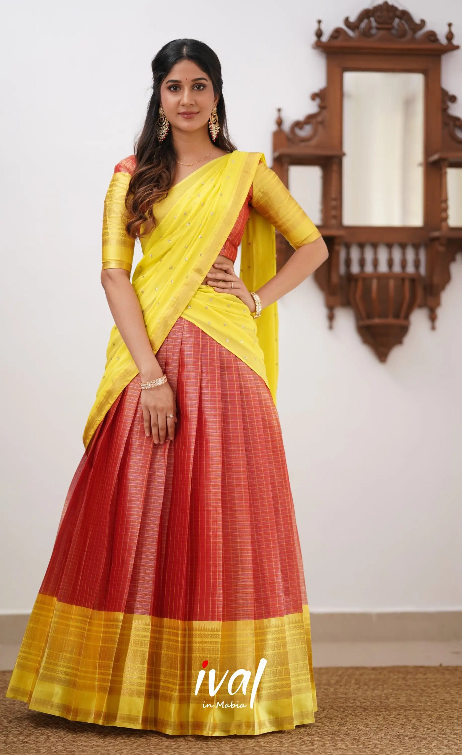 Izhaiyini- Red And Yellow Organza Halfsaree Half Sarees