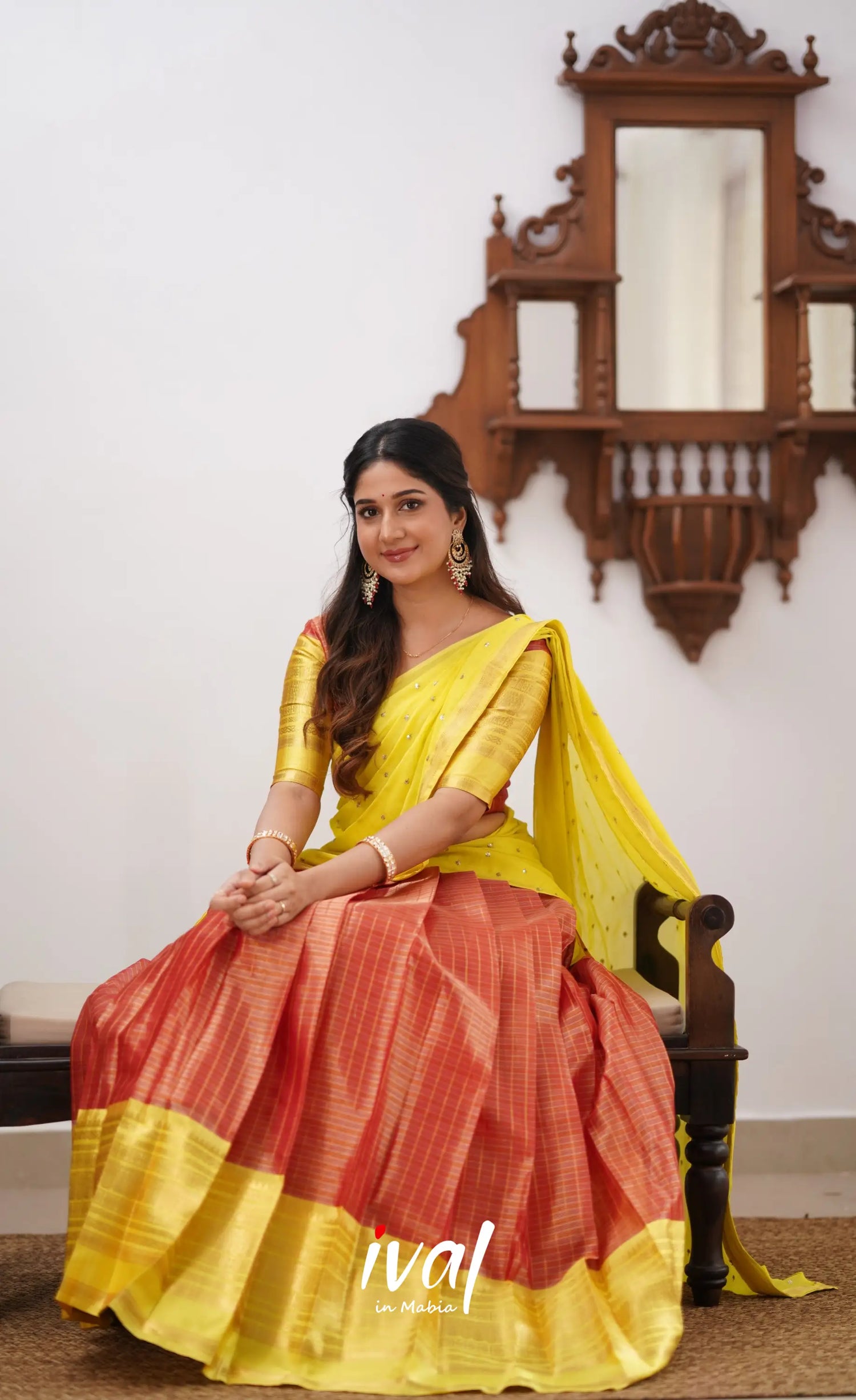 Izhaiyini- Red And Yellow Organza Halfsaree Half Sarees