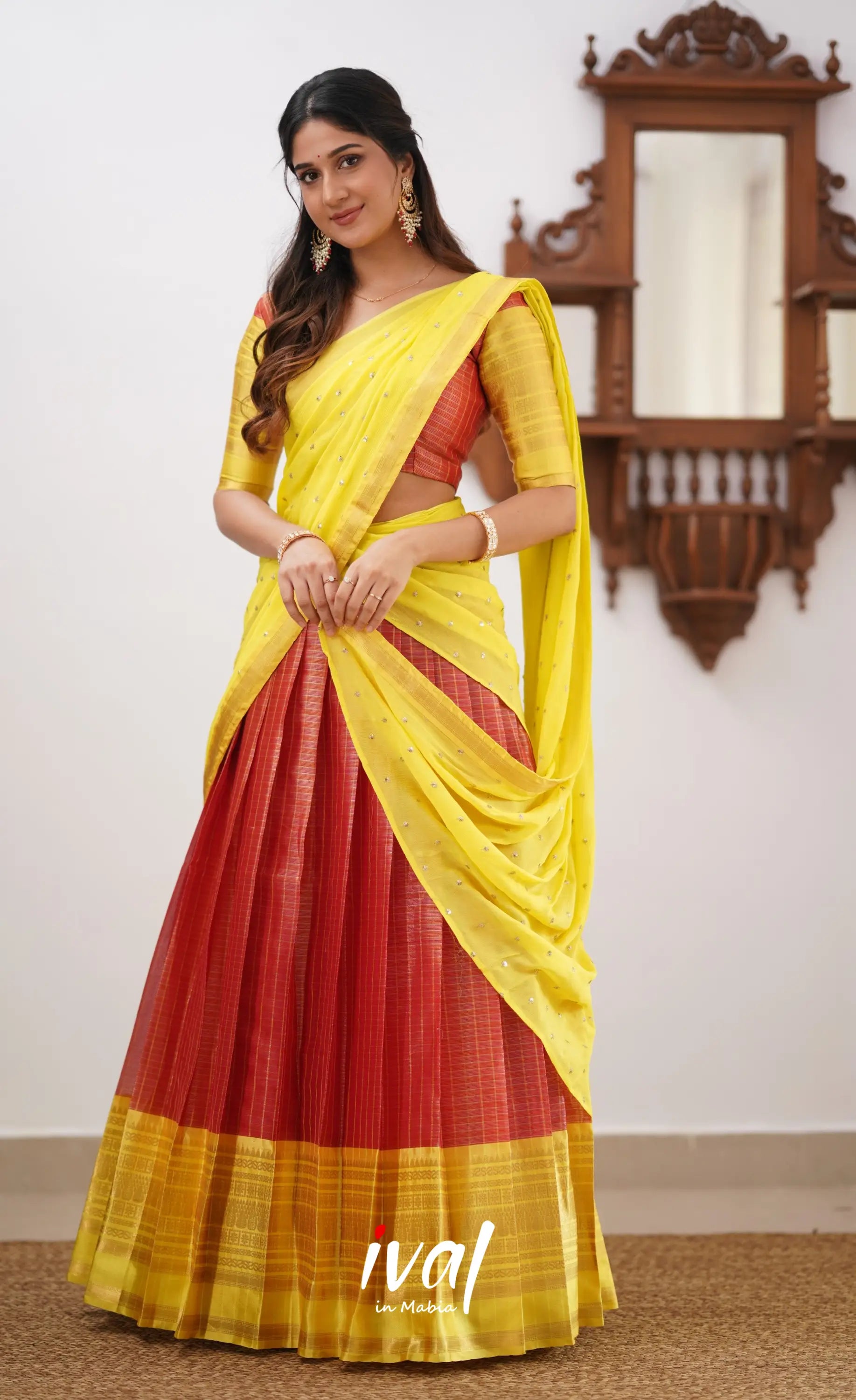 Izhaiyini- Red And Yellow Organza Halfsaree Half Sarees